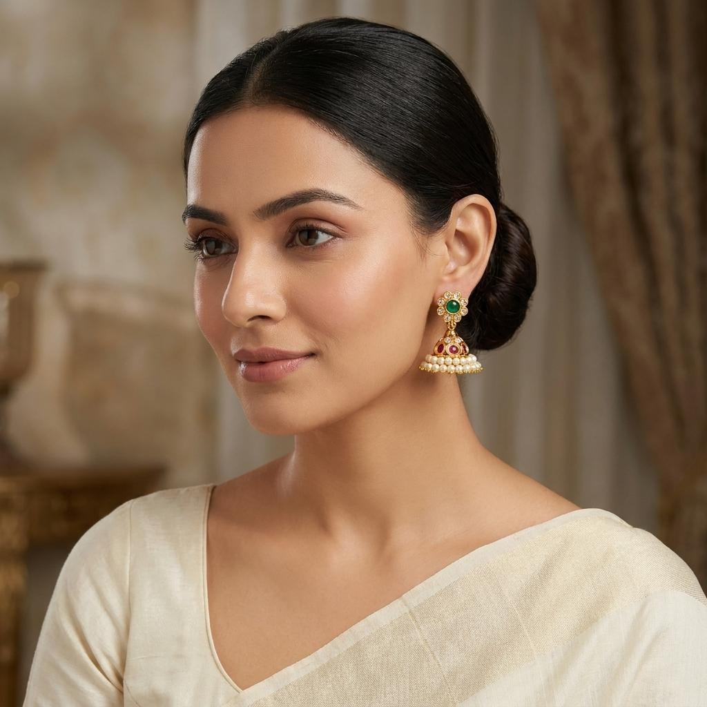 Ruby Emerald Pearl Jhumkas