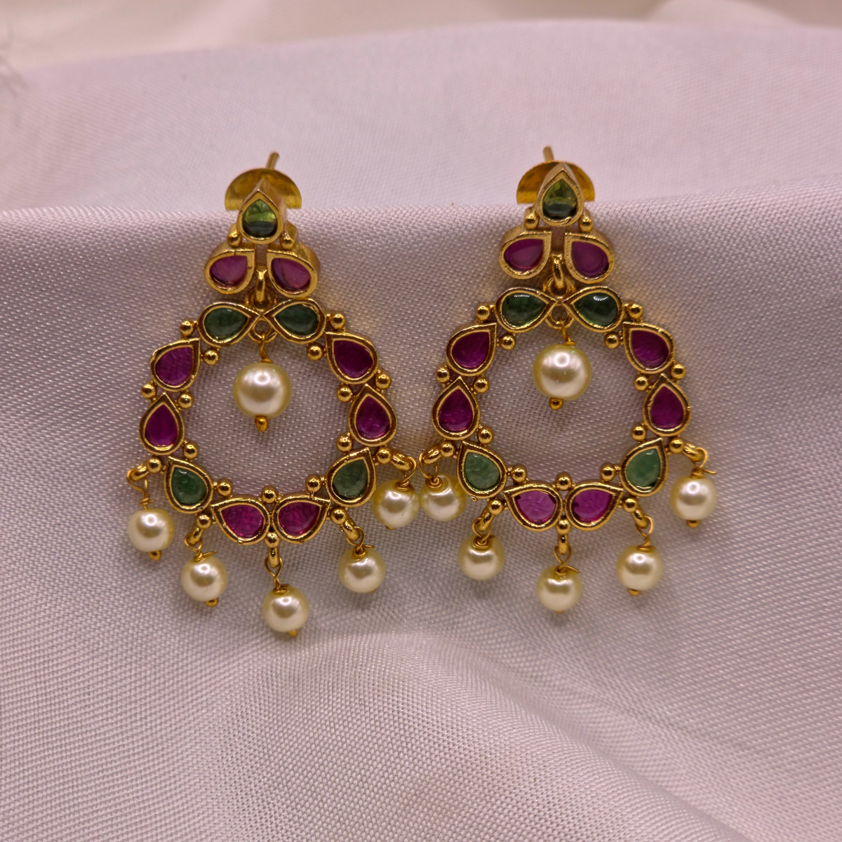 Ruby Emerald Pearl Drop Earrings