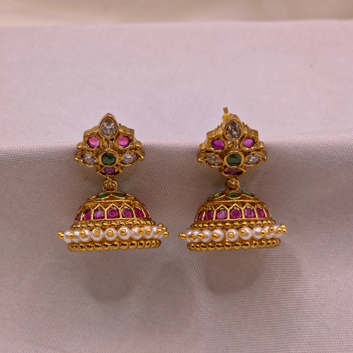 Ruby Green Pearl Jhumka Earrings