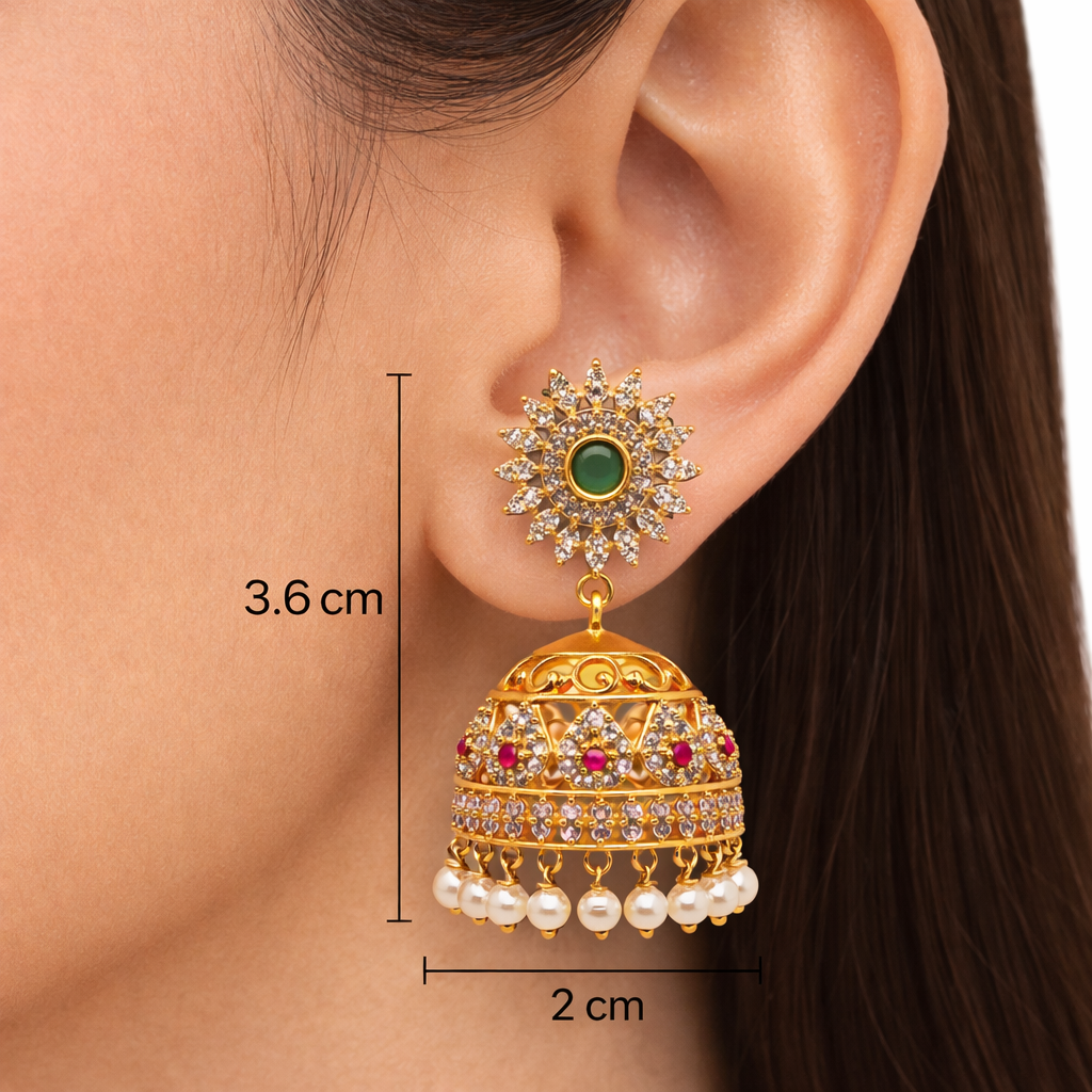 CZ Sunburst Ruby Pearl Jhumka
