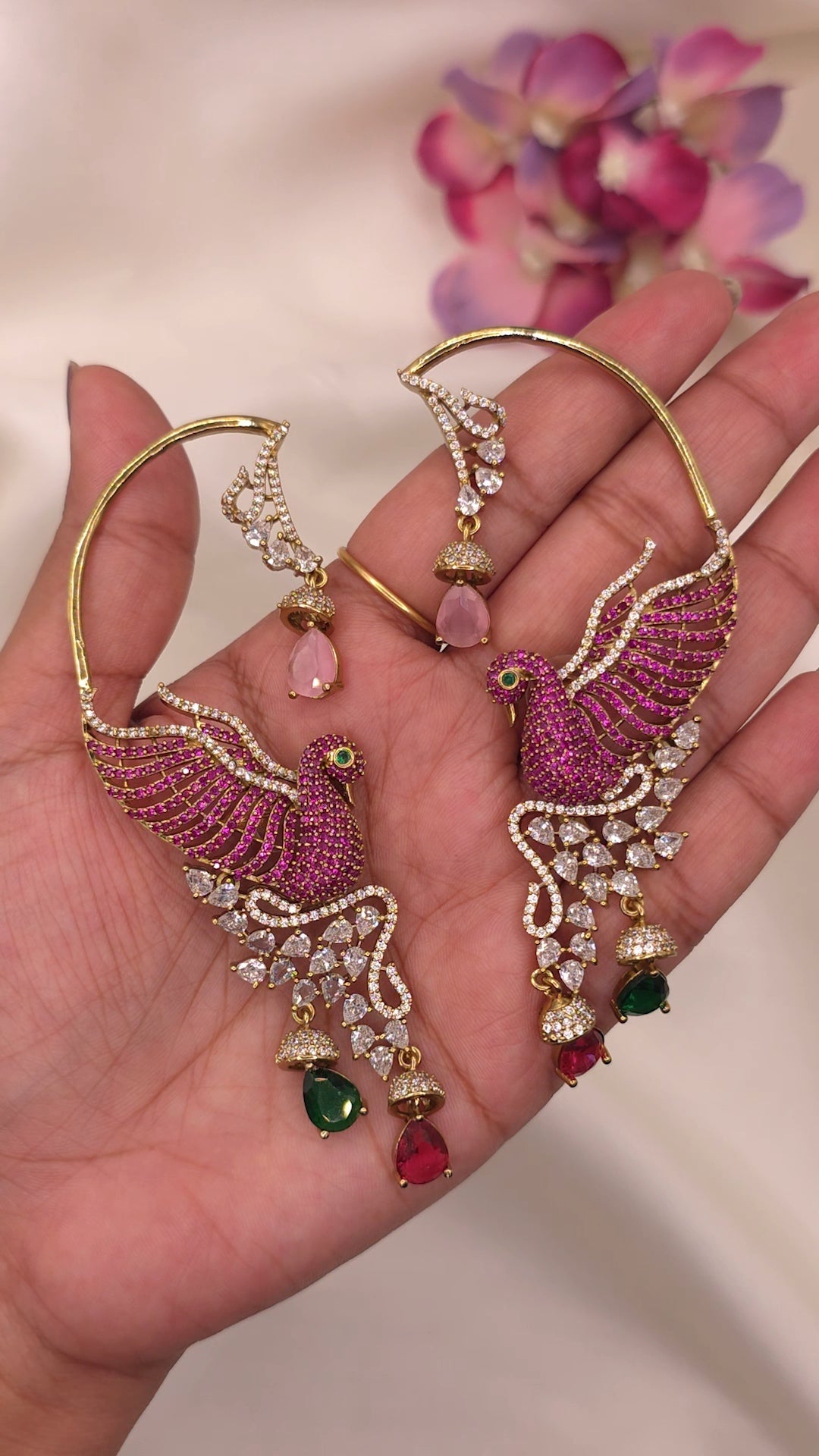 Royal Peacock Pink & Green CZ Earrings