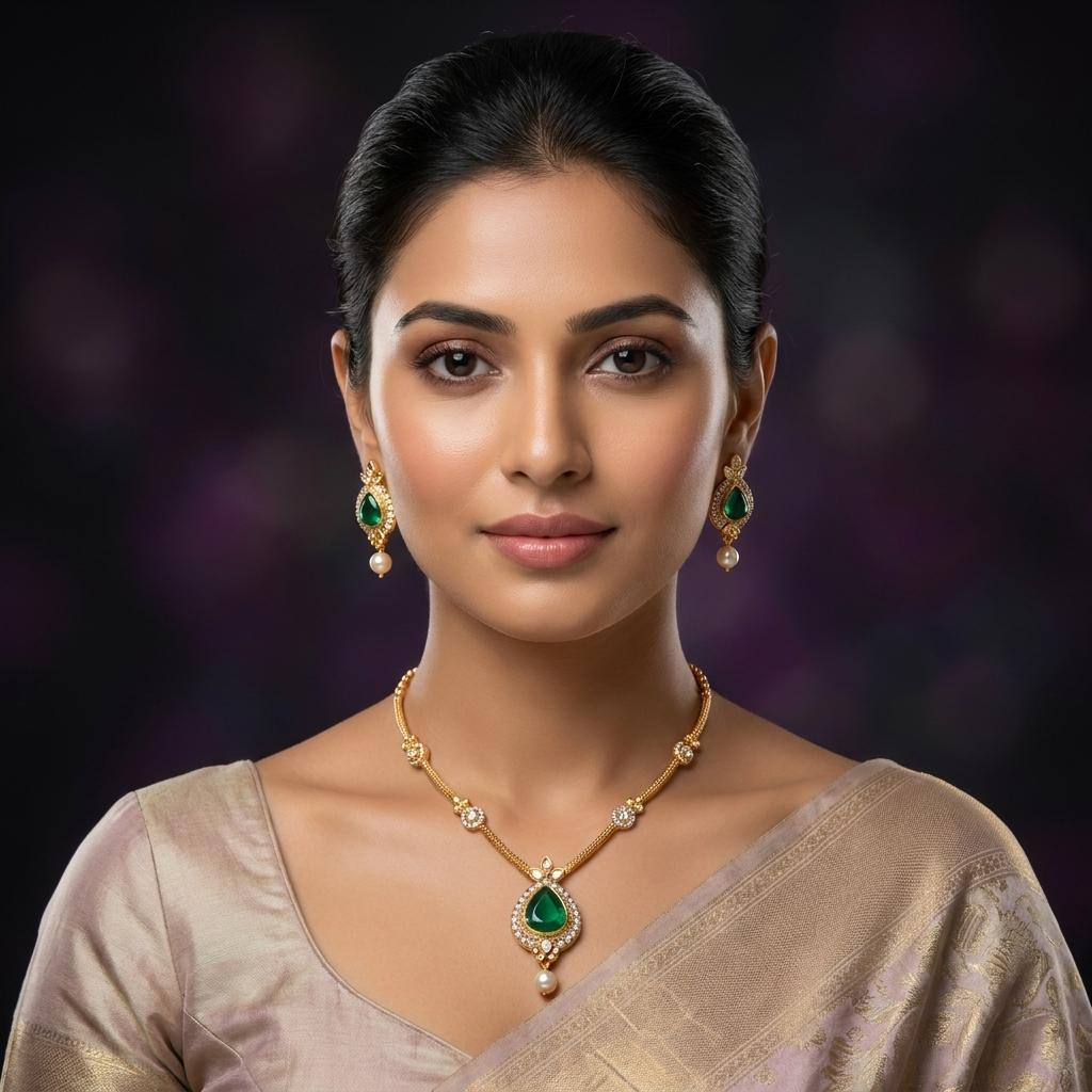 Emerald Teardrop Pendant Necklace Set