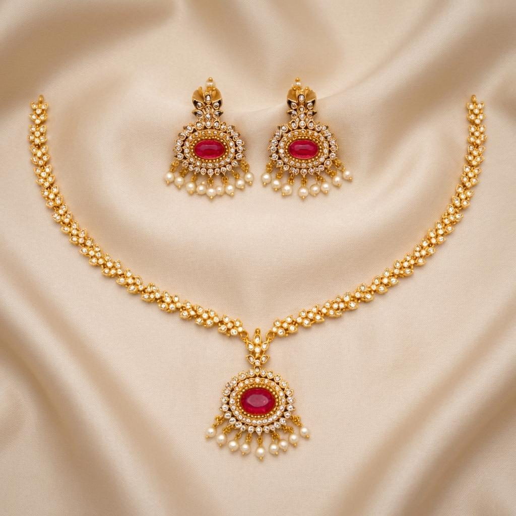 Ruby Oval CZ Pearl Necklace Set