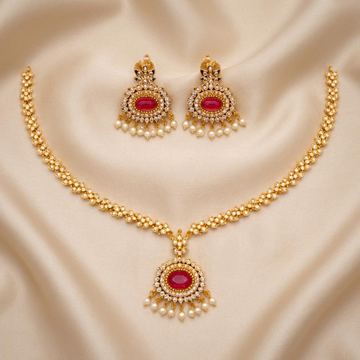 Ruby Oval CZ Pearl Necklace Set
