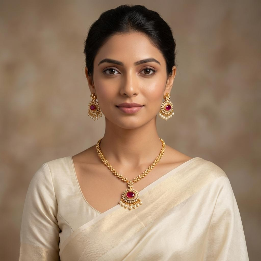 Ruby Oval CZ Pearl Necklace Set