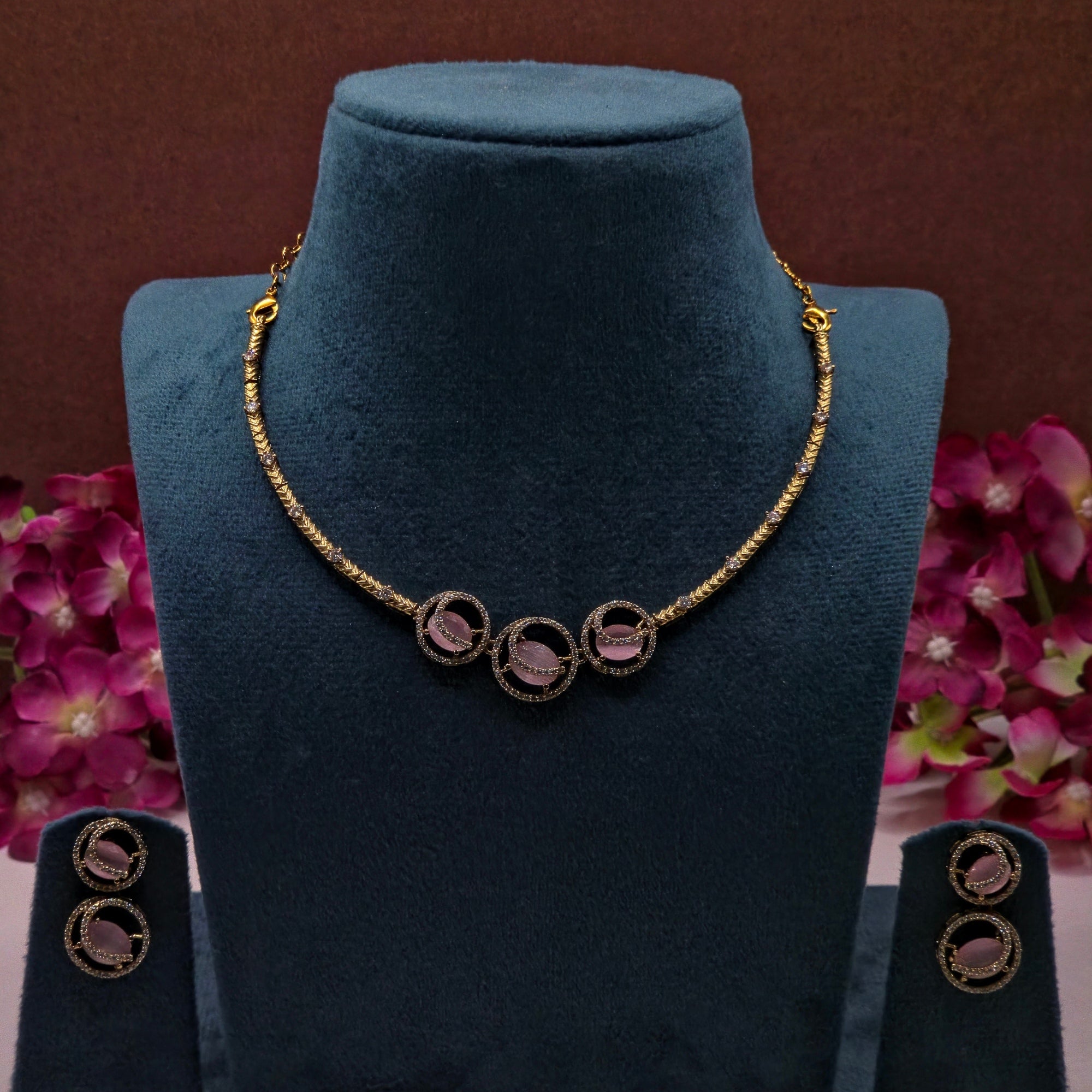 Elegant Pink Crystal Victorian Designer Necklace Set