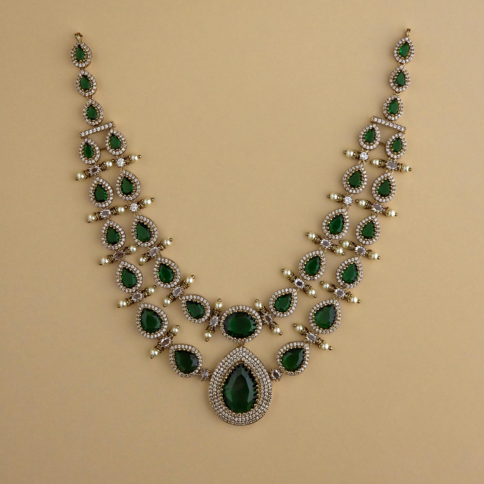 Royal Emerald Victorian AD Layered Necklace Set