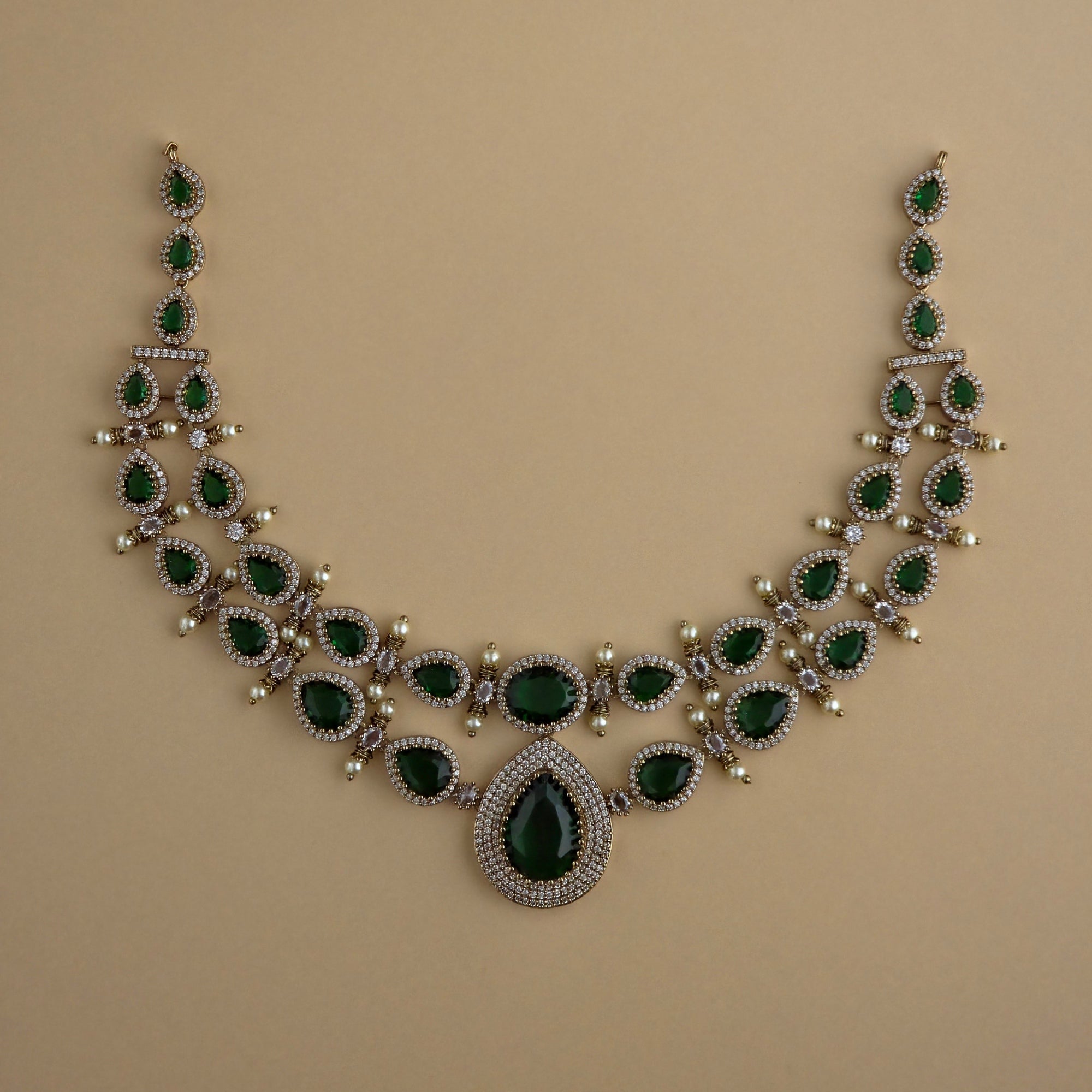 Royal Emerald Victorian AD Layered Necklace Set