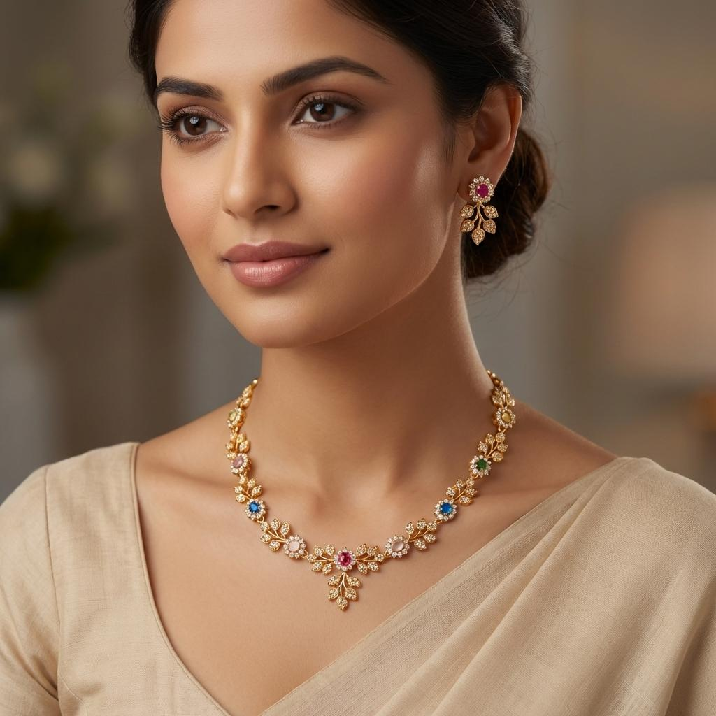 Multistone Floral Leaf Necklace Set