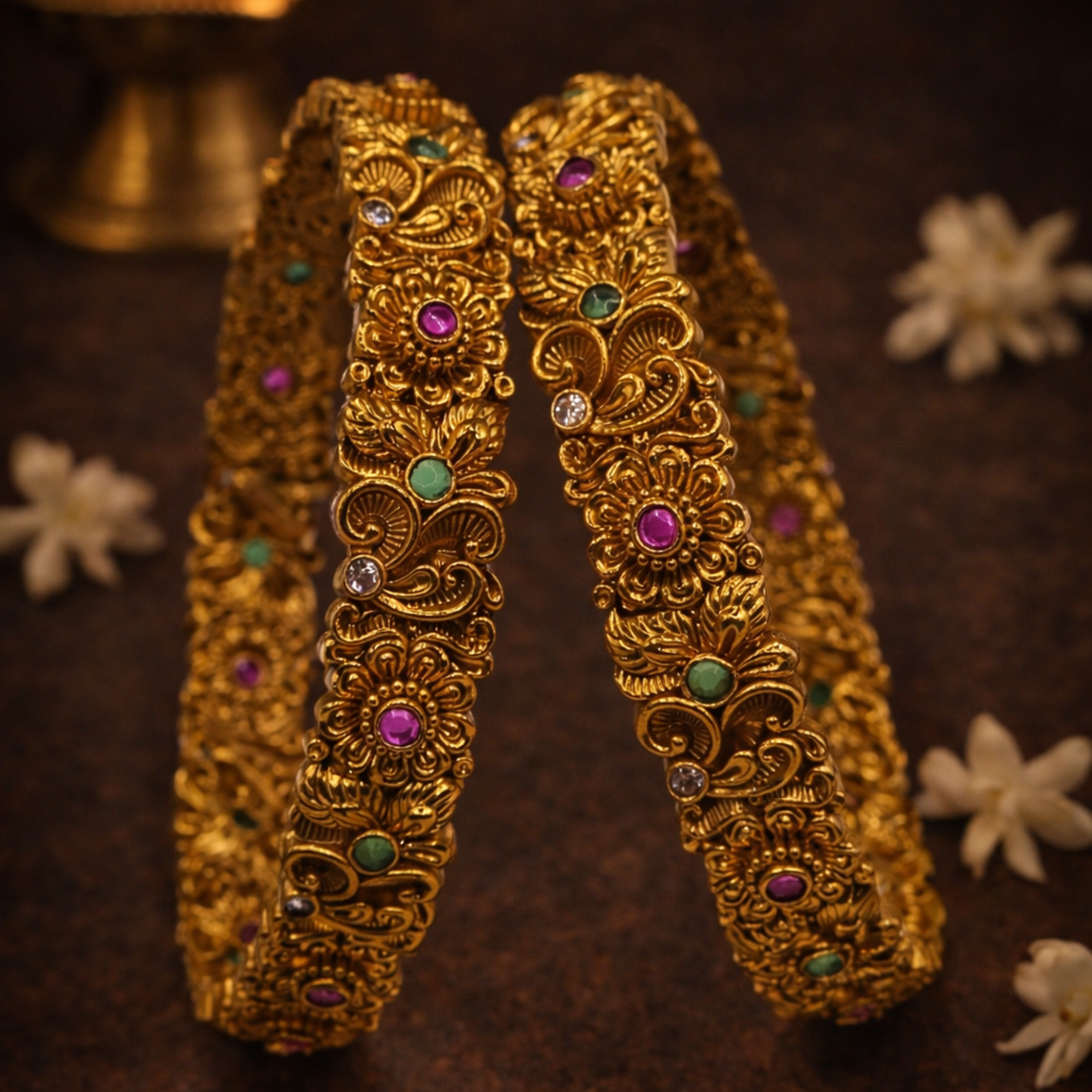 Antique Gold Floral Nakshi Bangle Set