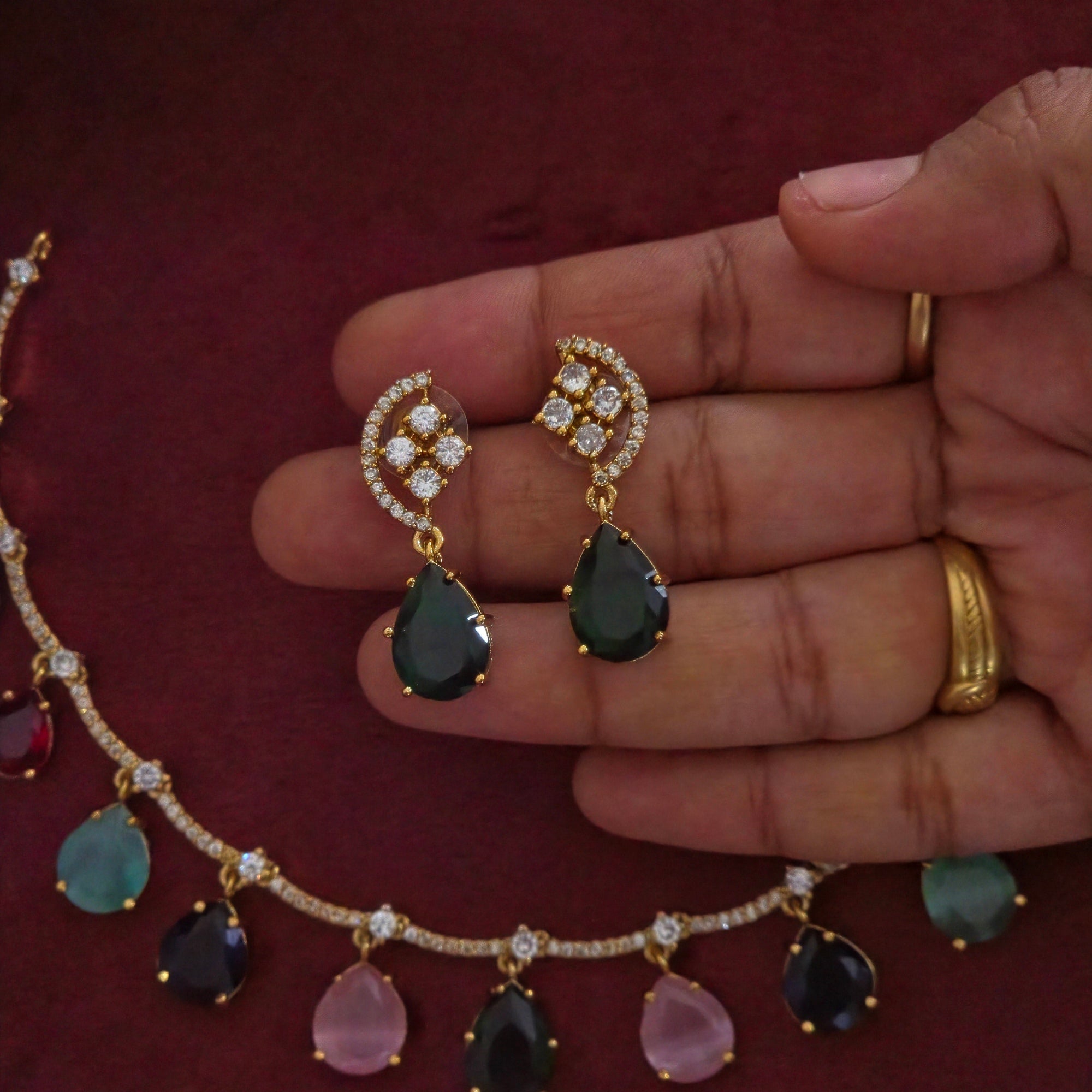 Rainbow Dewdrop CZ Necklace Set