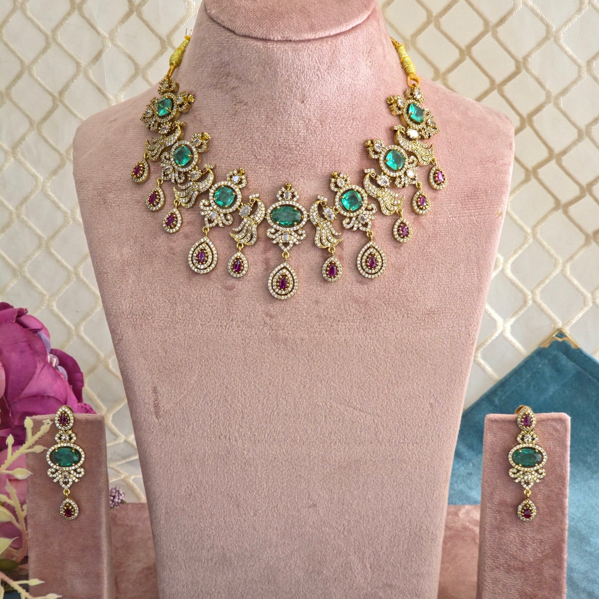 Emerald Peacock CZ Necklace Set