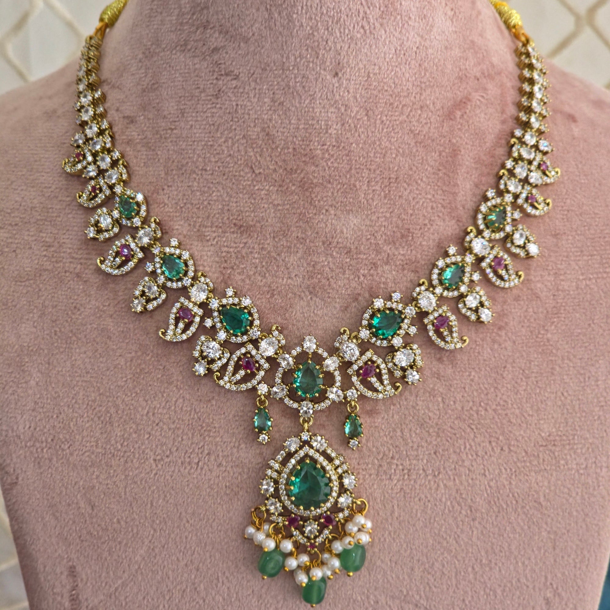 Emerald Pearl CZ Necklace Set