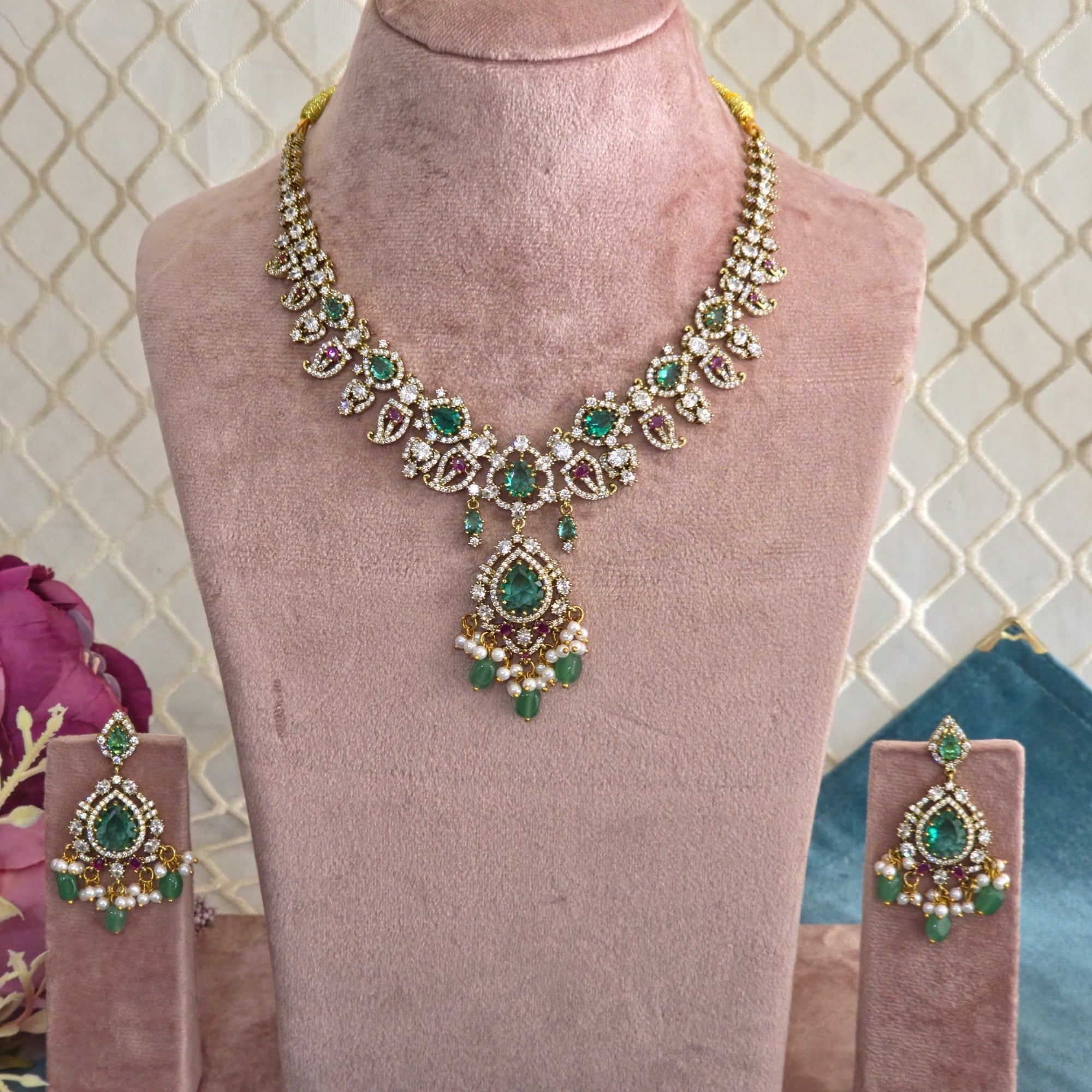 Emerald Pearl CZ Necklace Set