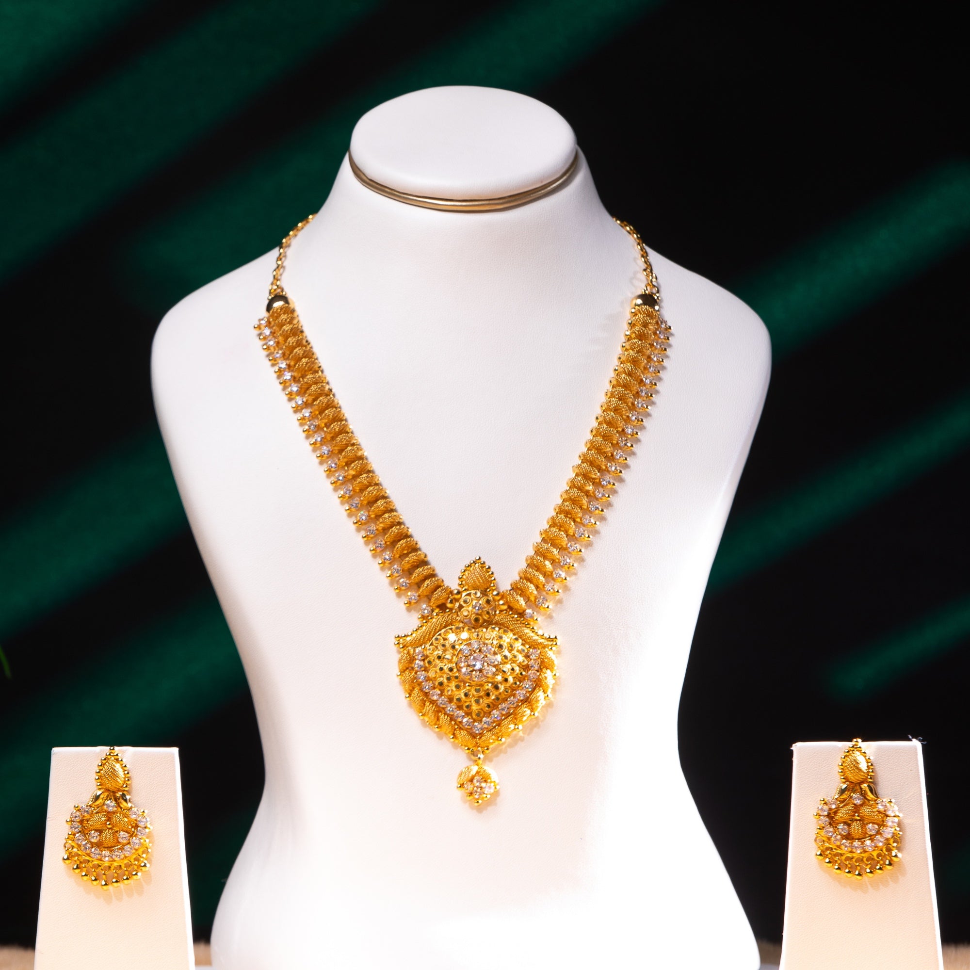 Gold Filigree CZ Long Necklace & Earring Set