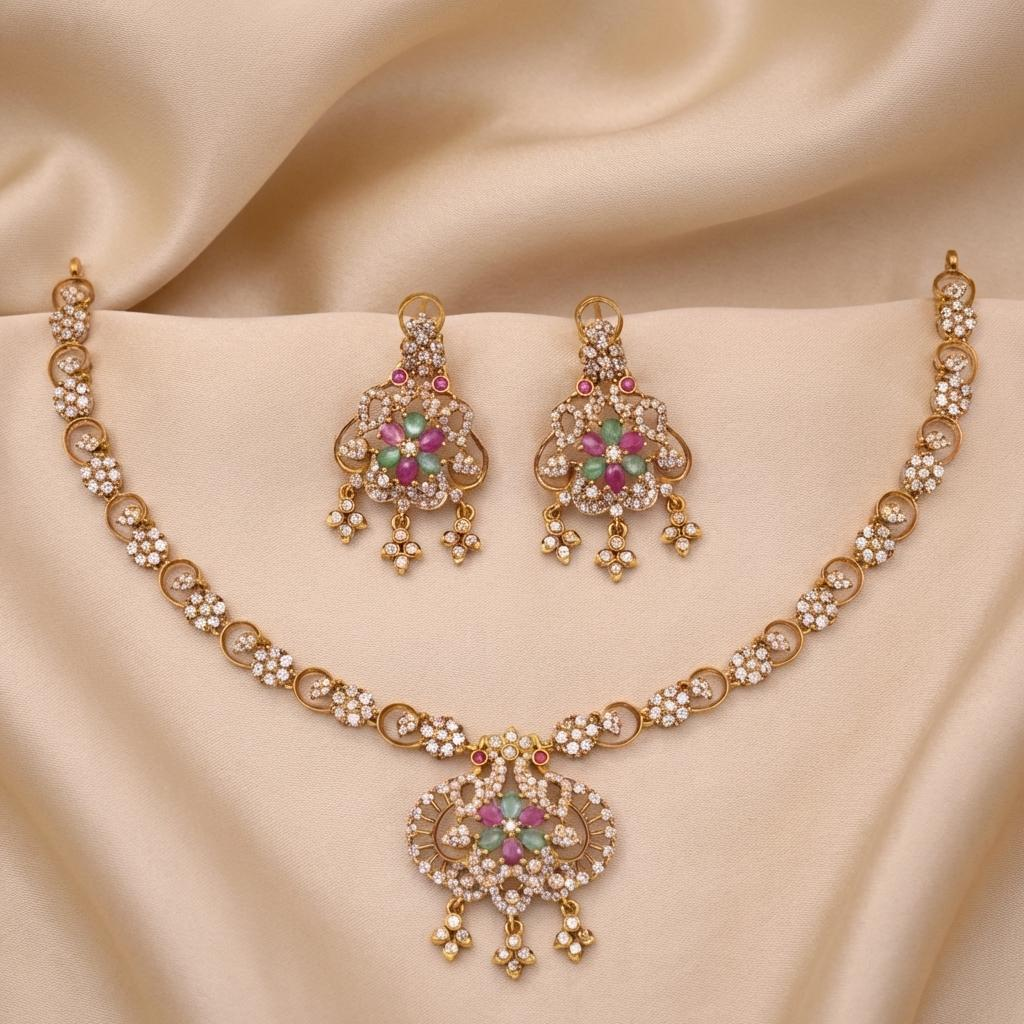 Ruby Emerald Floral Necklace Set