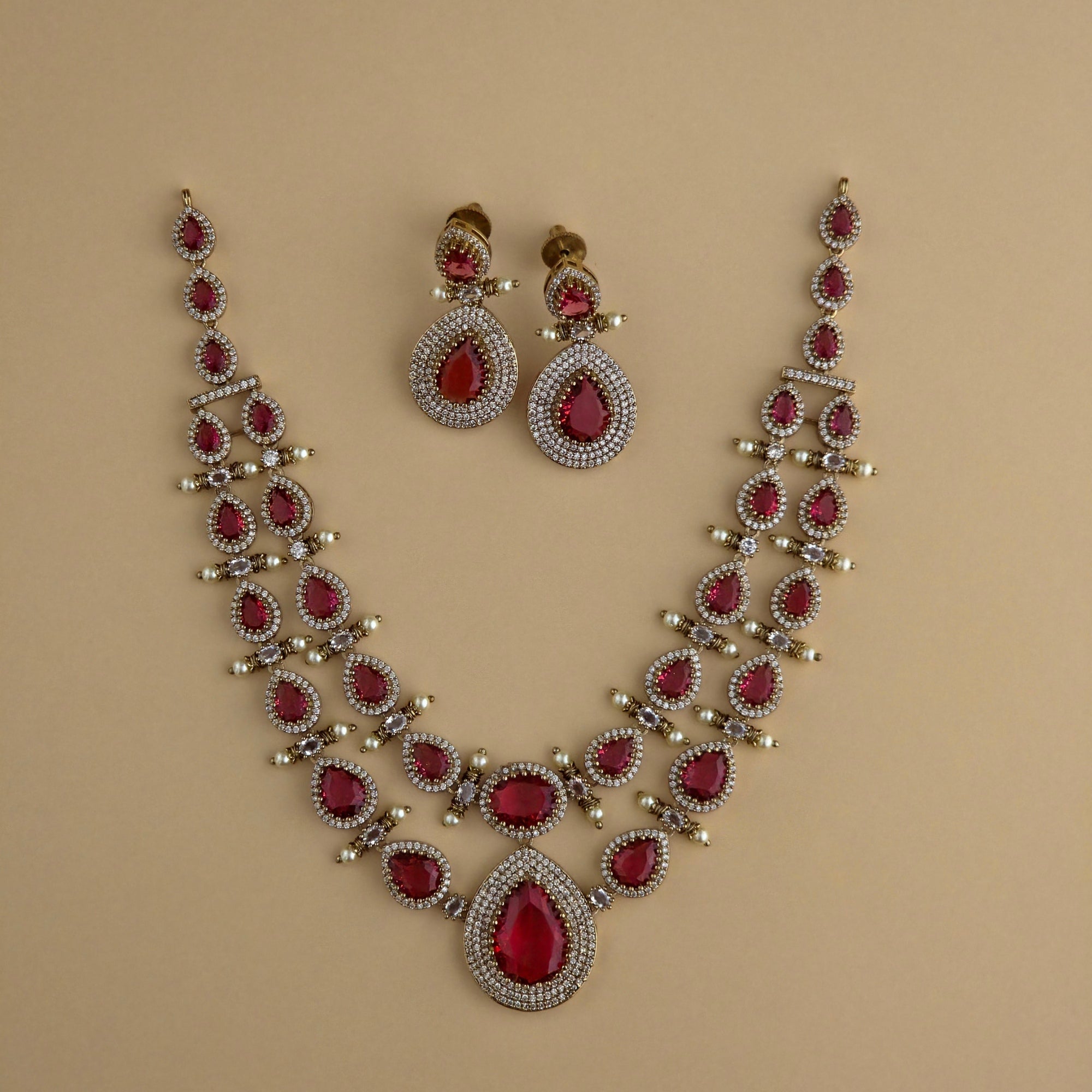 Royal Ruby Victorian AD Layered Necklace Set