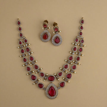 Royal Ruby Victorian AD Layered Necklace Set