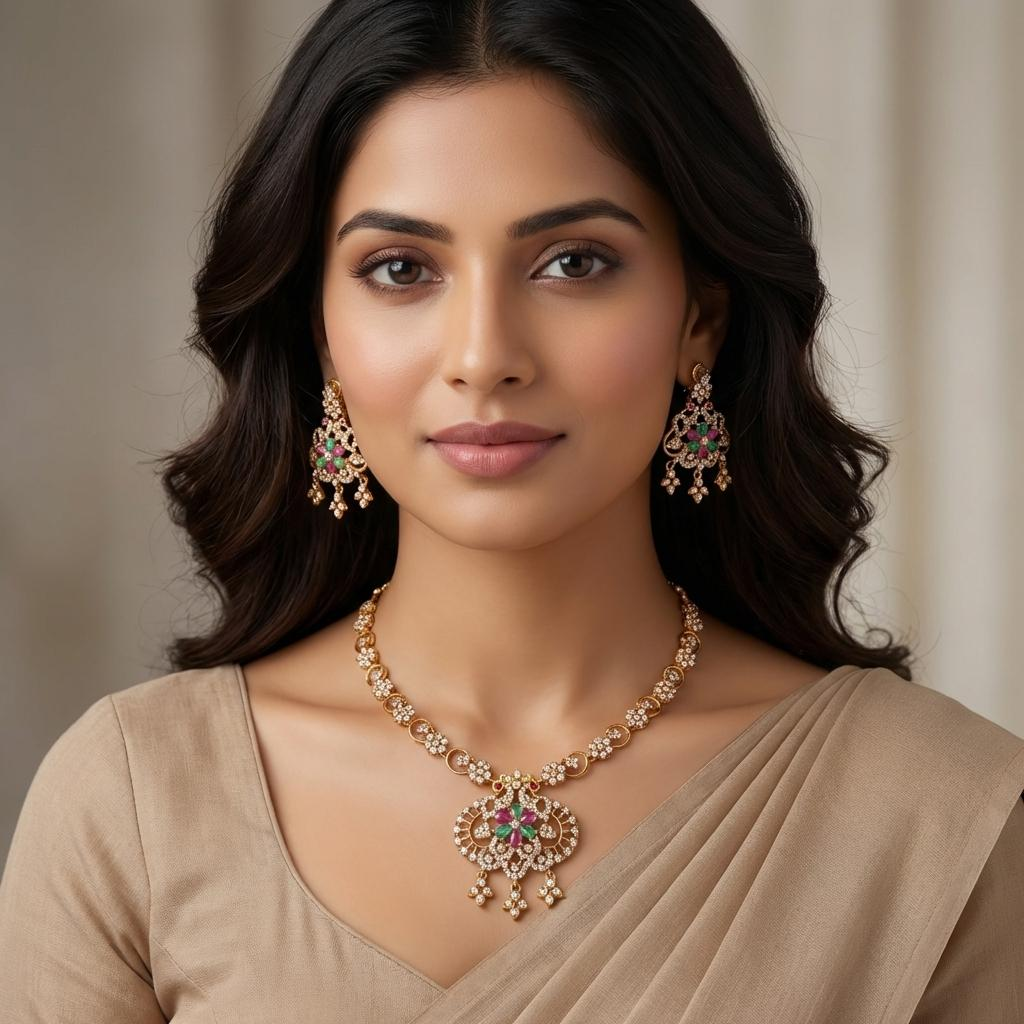 Ruby Emerald Floral Necklace Set