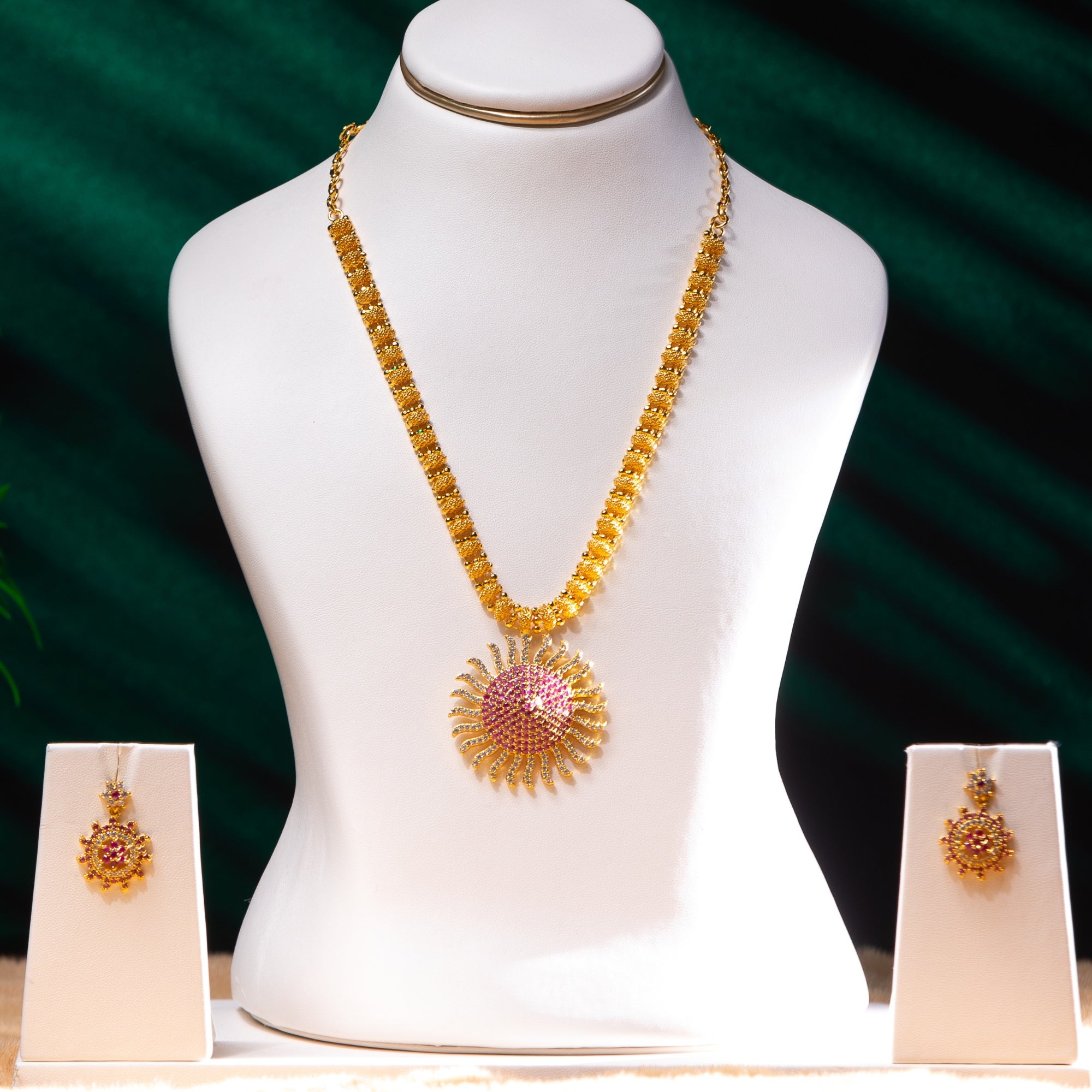 Sunburst CZ Ruby Necklace Set