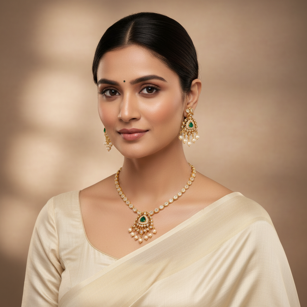 Emerald Pearl Chandbali Necklace Set
