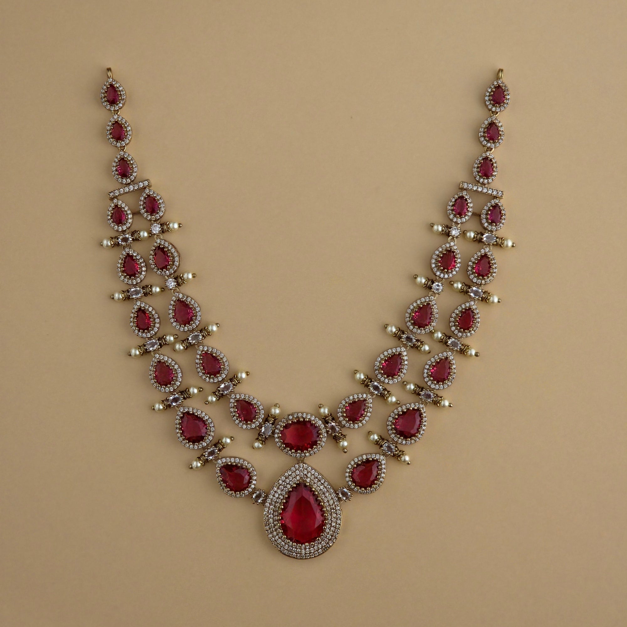 Royal Ruby Victorian AD Layered Necklace Set