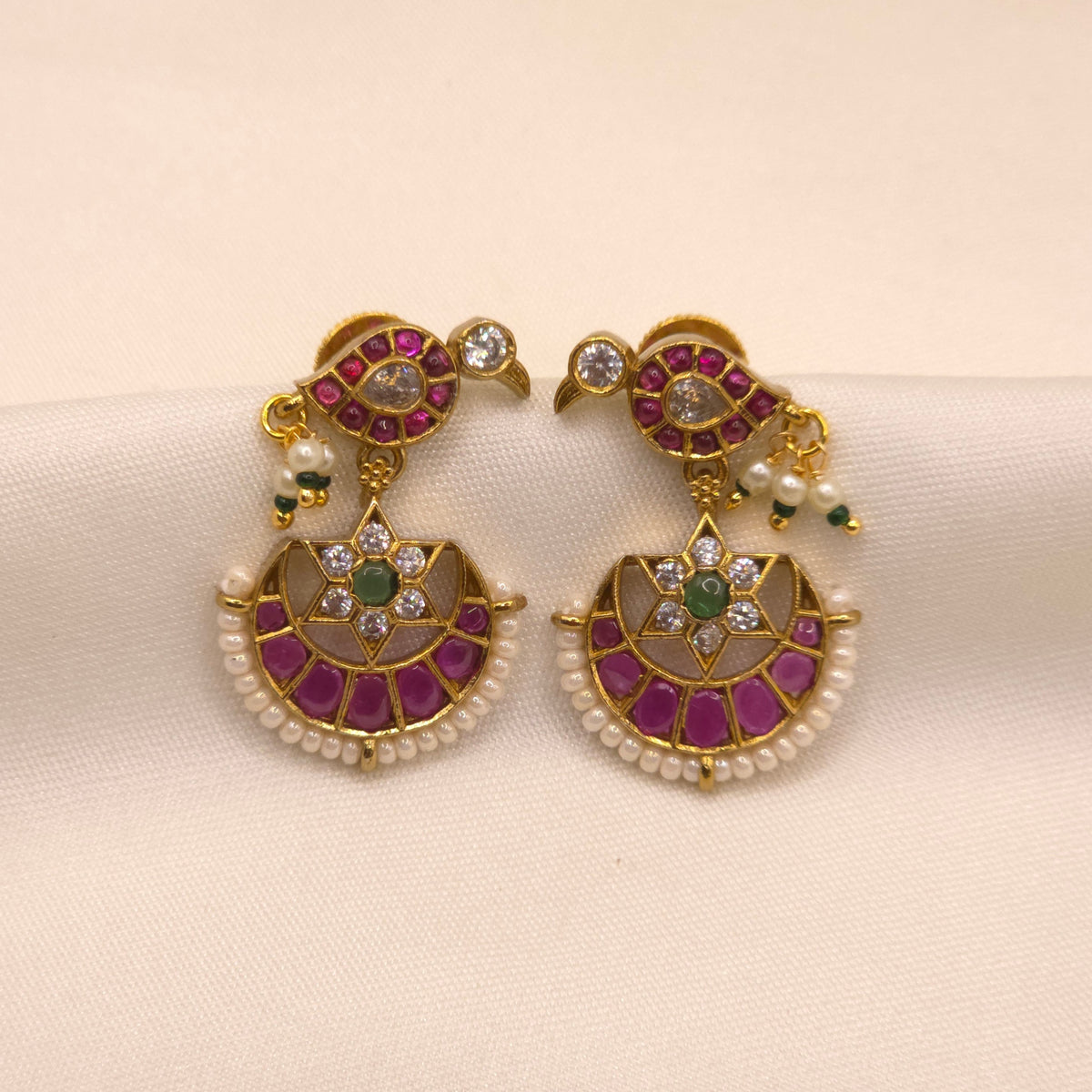 Ruby Green Pearl Chandbali Earrings