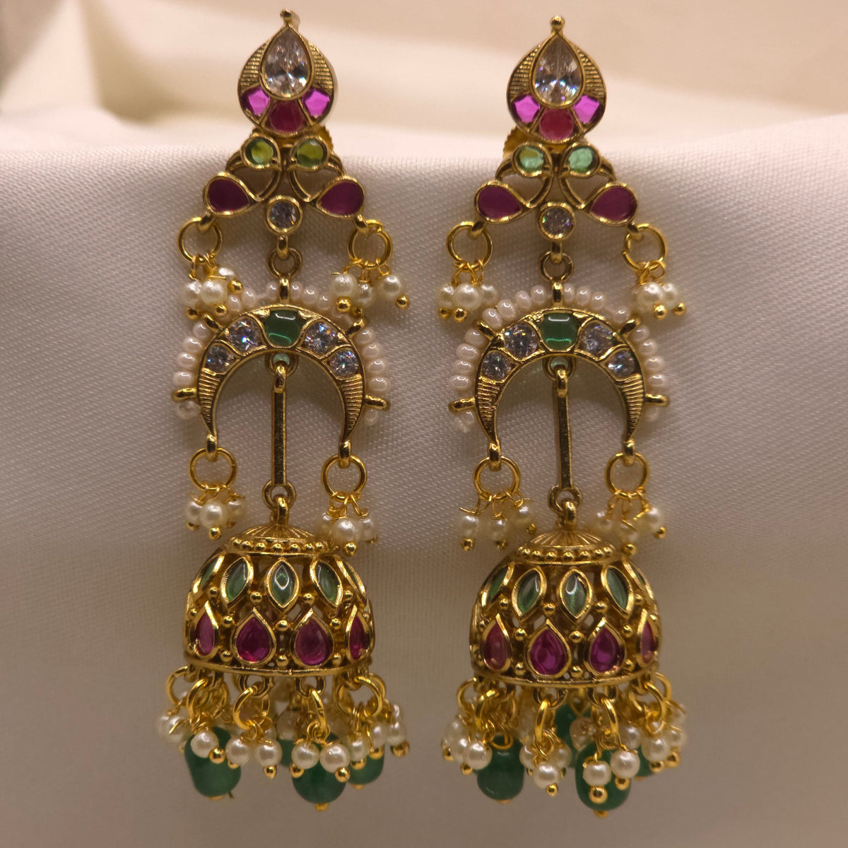 Emerald Ruby Long Jhumka Earrings