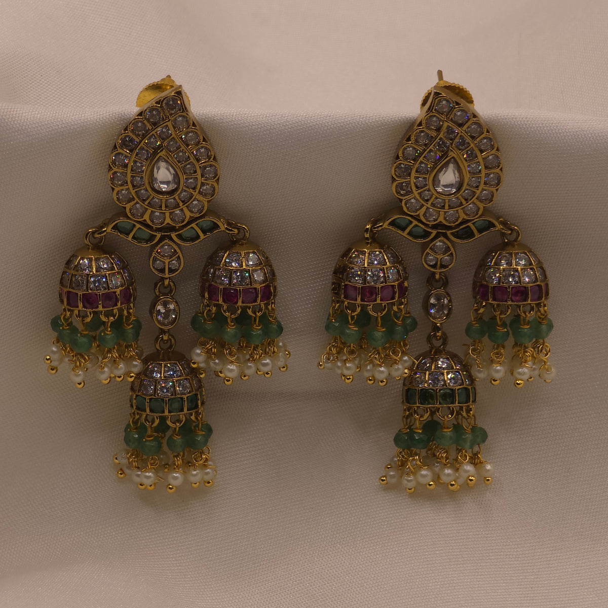 Emerald Ruby Triple Jhumka Earrings