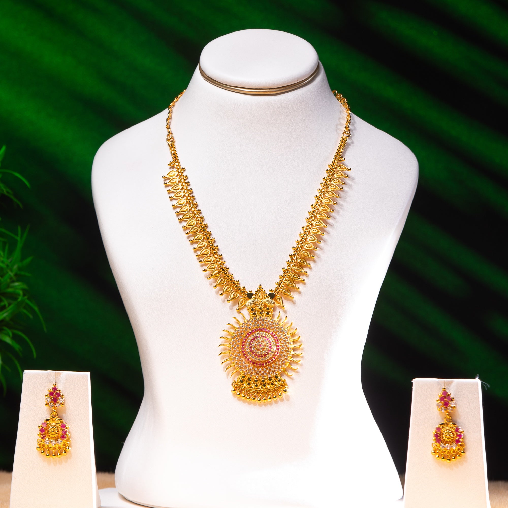 Sunburst CZ Ruby Necklace Jhumka Set