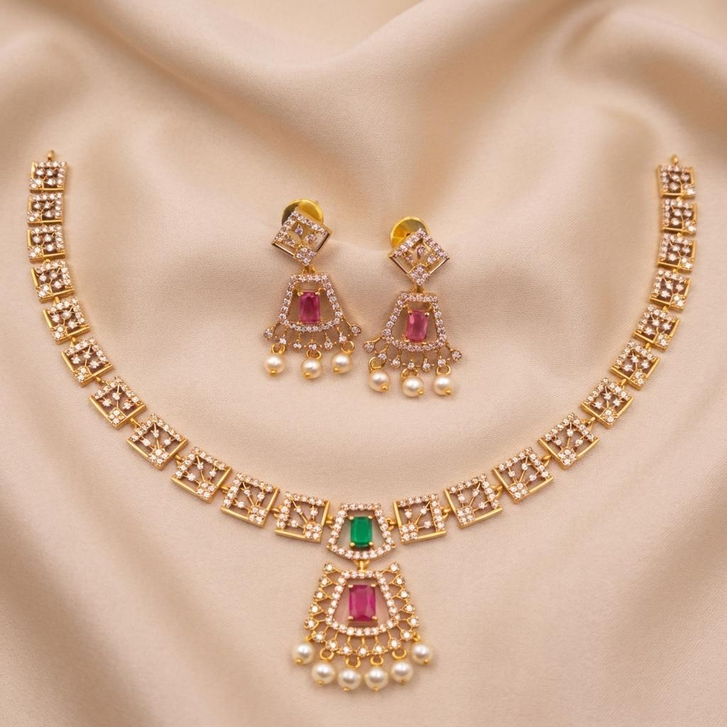 Ruby Emerald Geometric Necklace Set