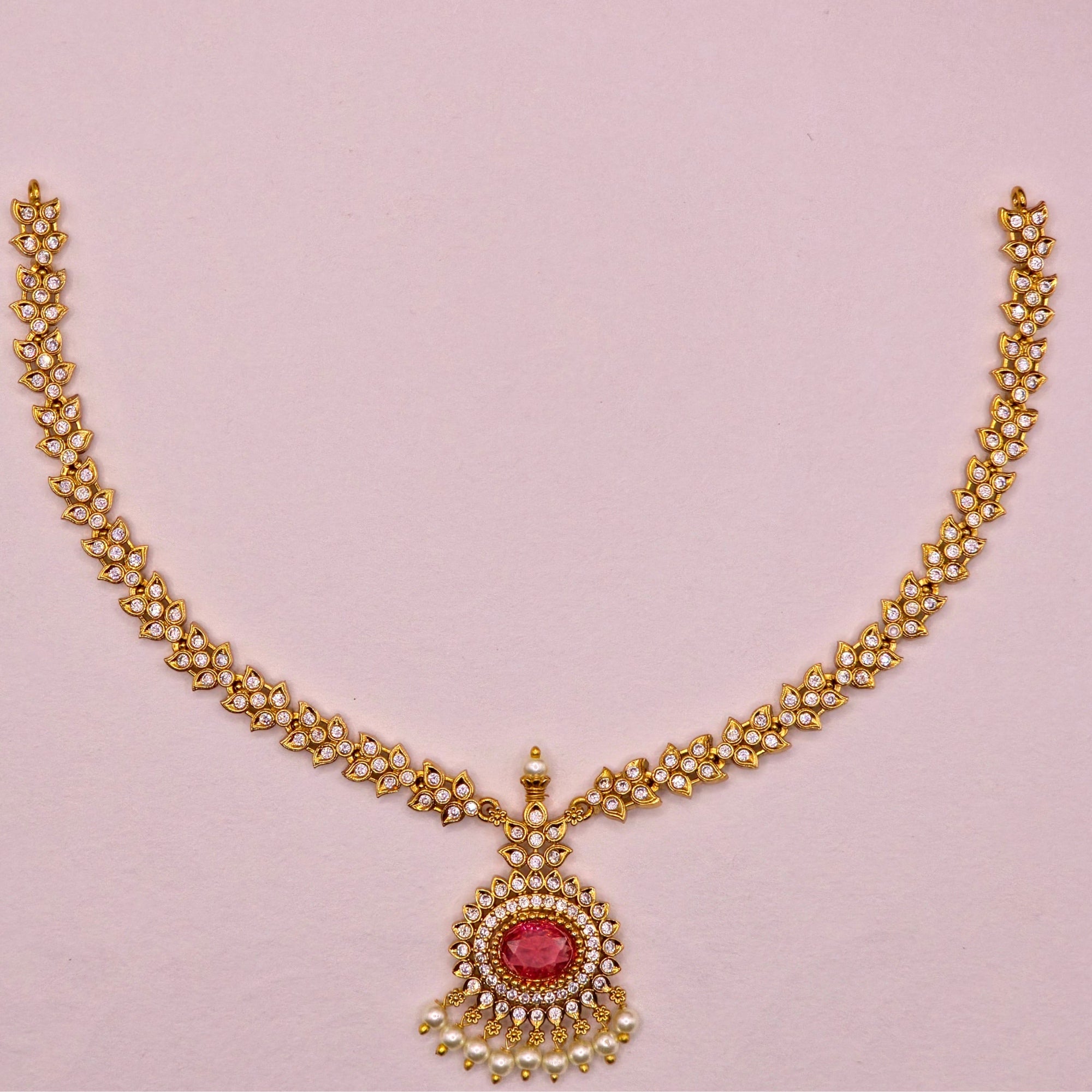 Ruby Oval CZ Pearl Necklace Set