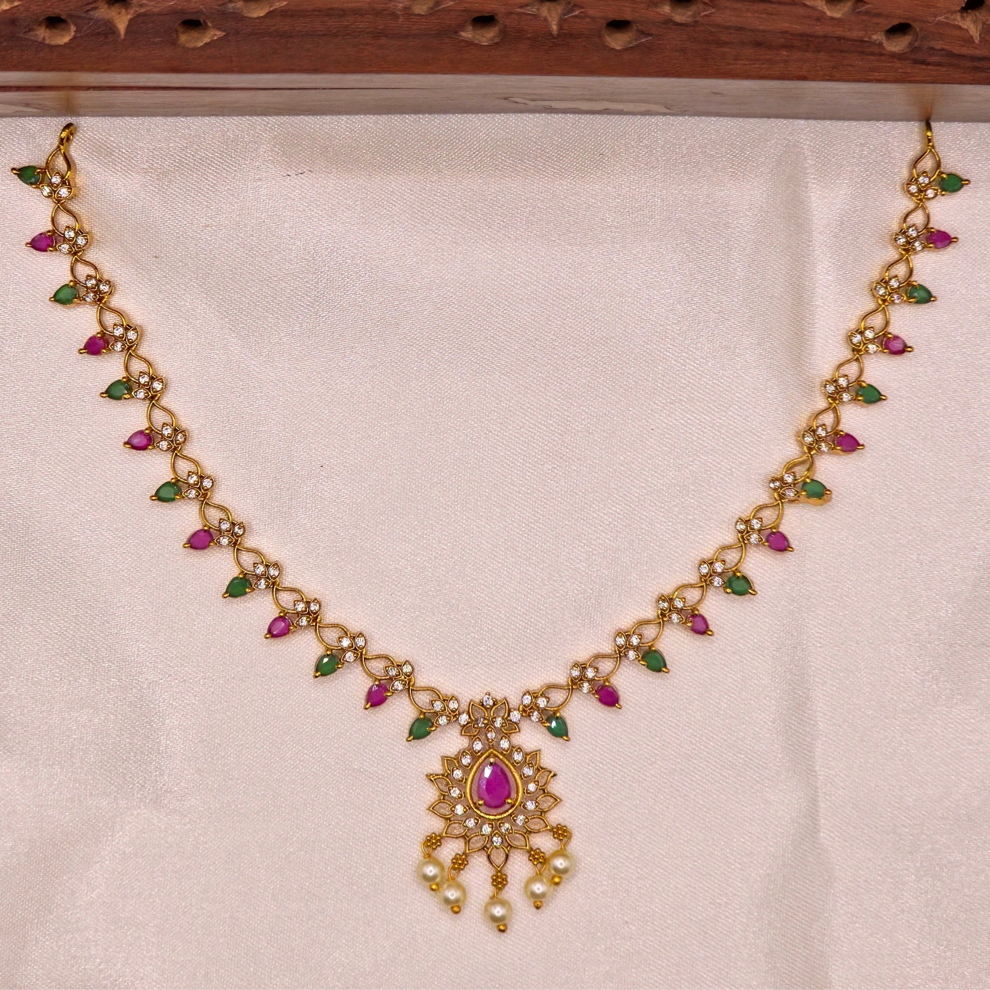 Ruby Emerald CZ Floral Necklace Set
