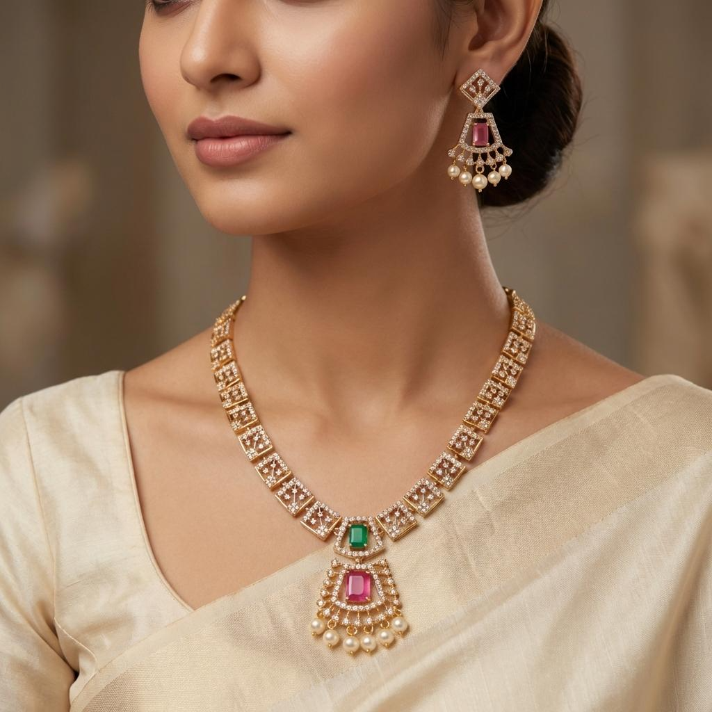 Ruby Emerald Geometric Necklace Set