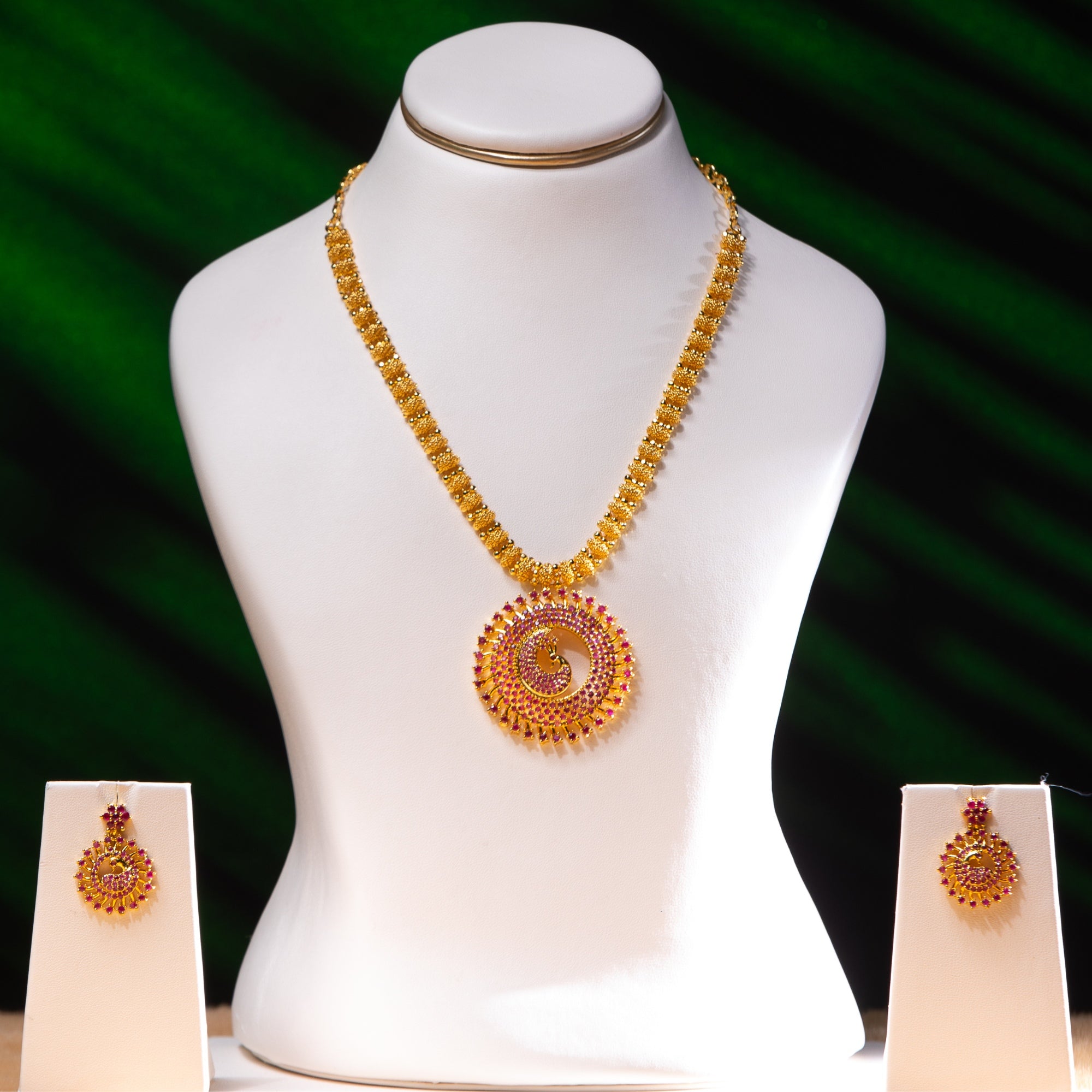 Peacock CZ Ruby Long Necklace Set
