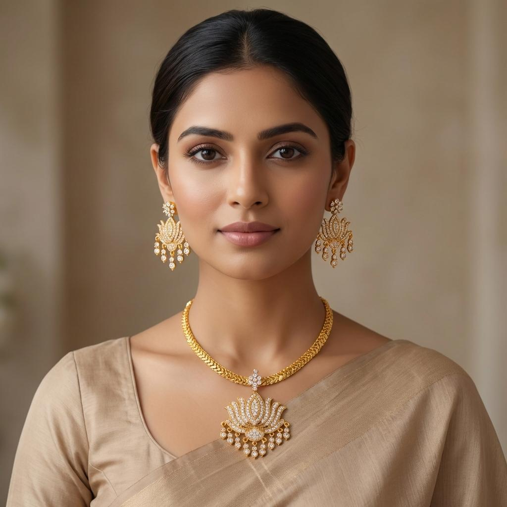 CZ Lotus Pendant Necklace Set