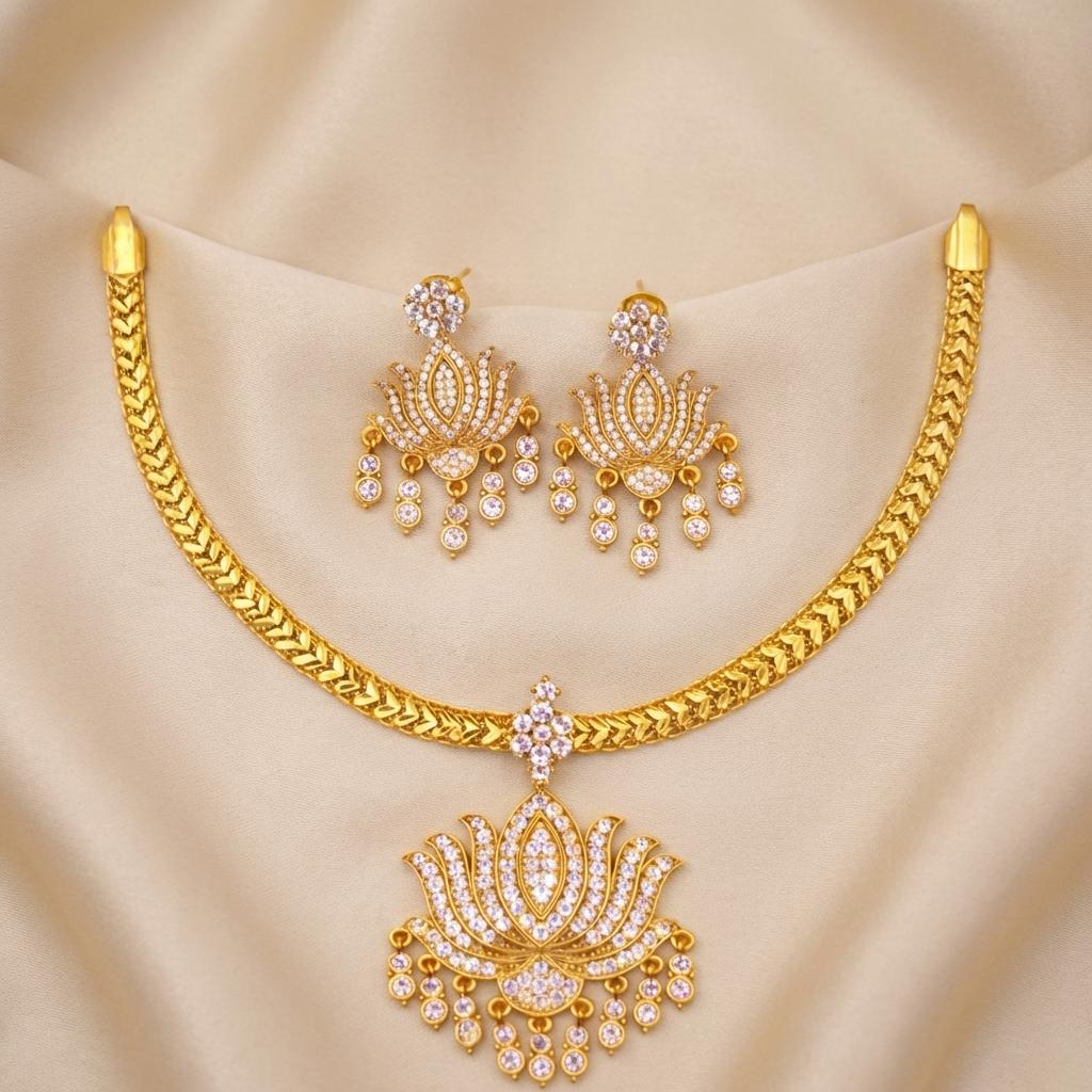 CZ Lotus Pendant Necklace Set