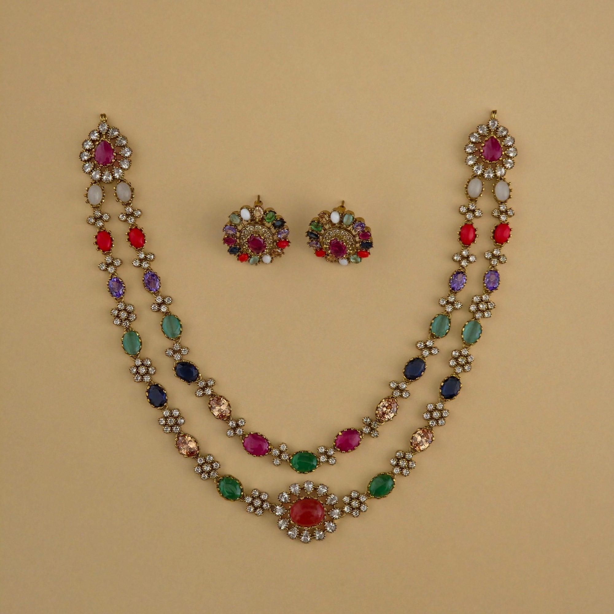 Rainbow Navaratna Victorian Double Layer Necklace Set