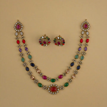 Rainbow Navaratna Victorian Double Layer Necklace Set