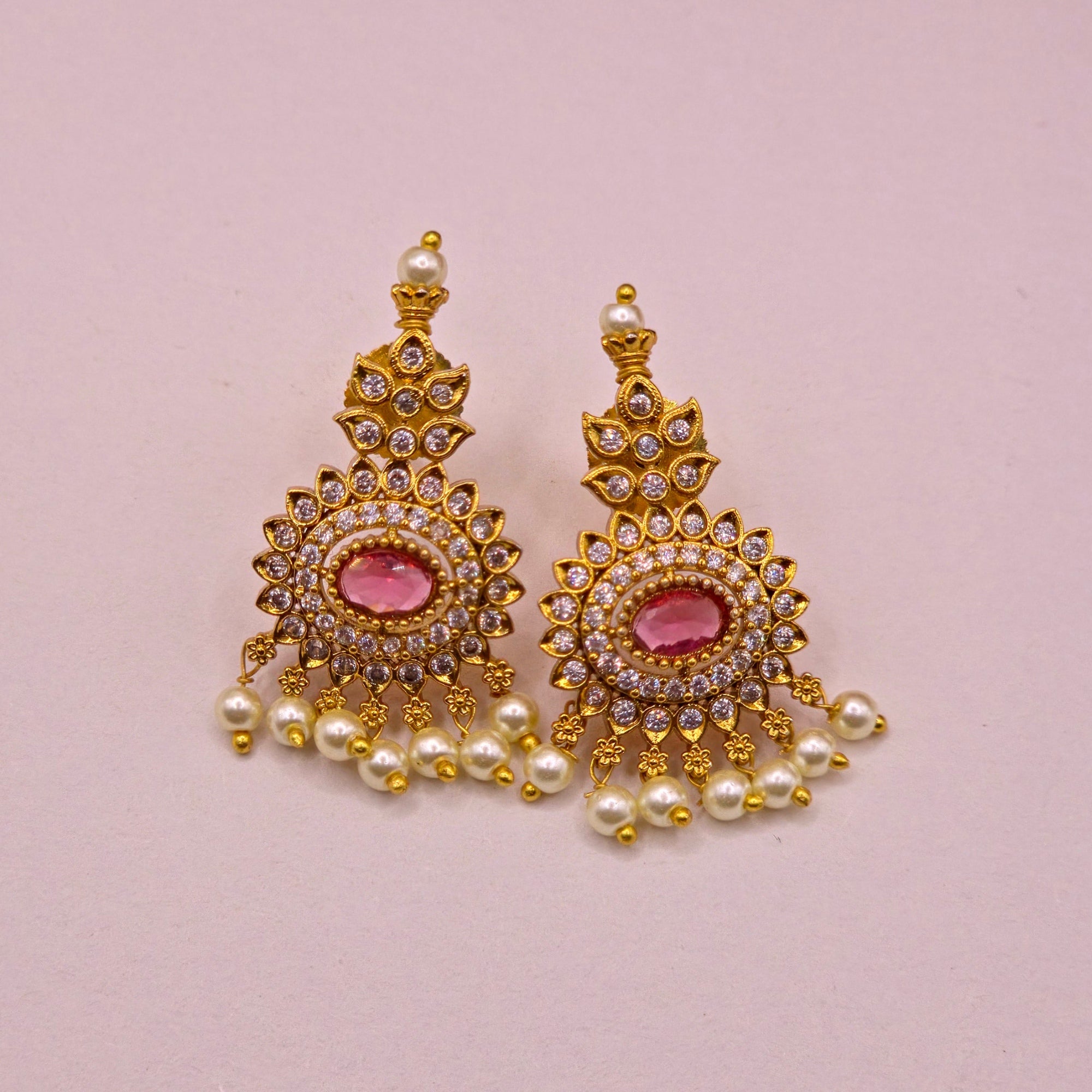 Ruby Oval CZ Pearl Necklace Set