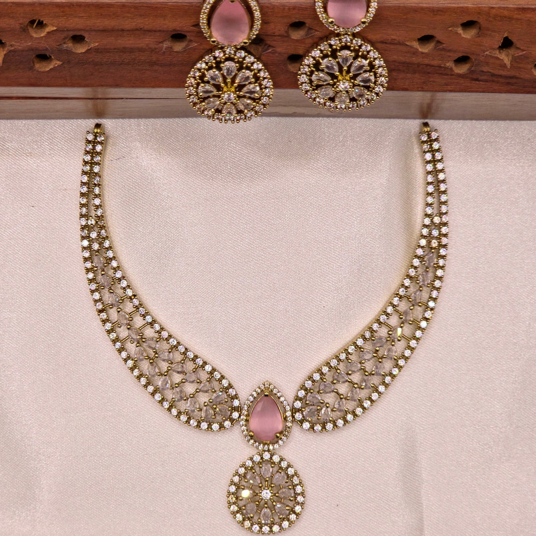 Rose Pink CZ Floral Bridal Set