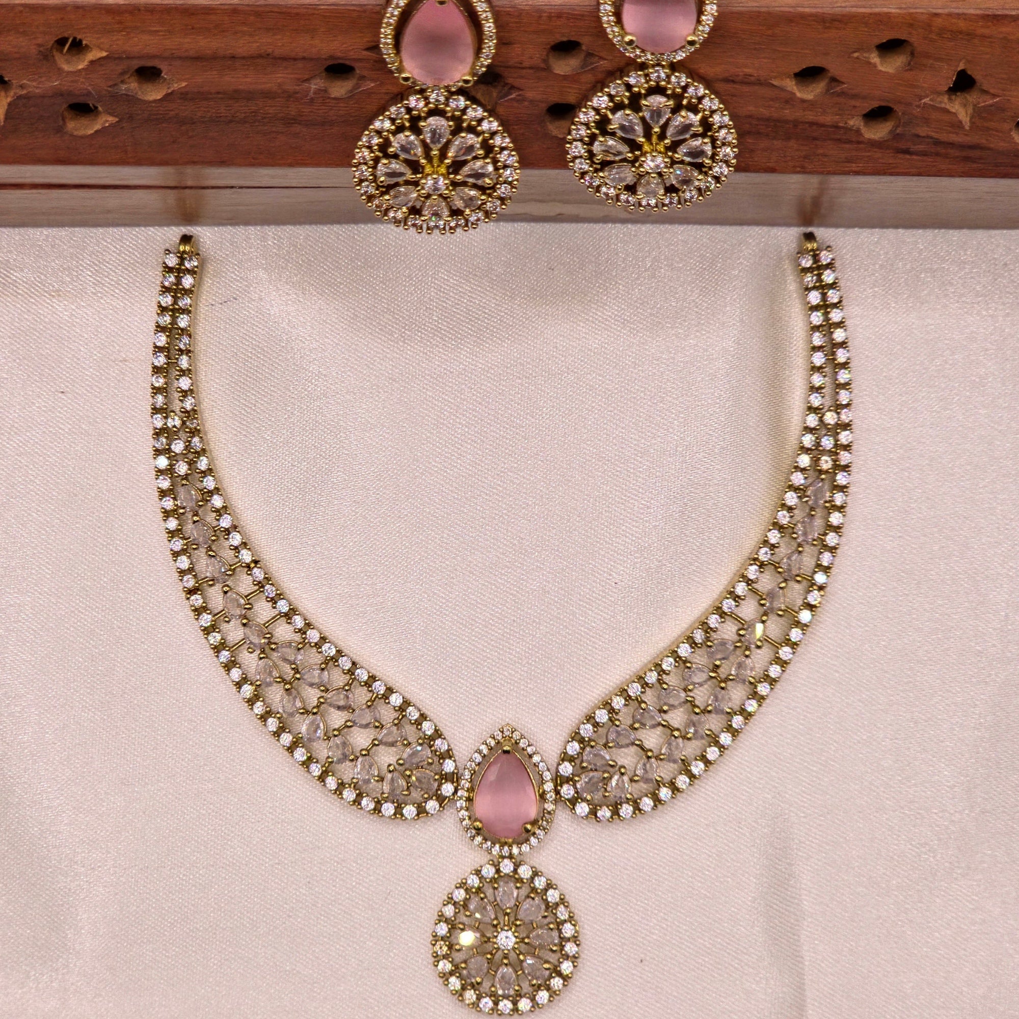 Rose Pink CZ Floral Bridal Set
