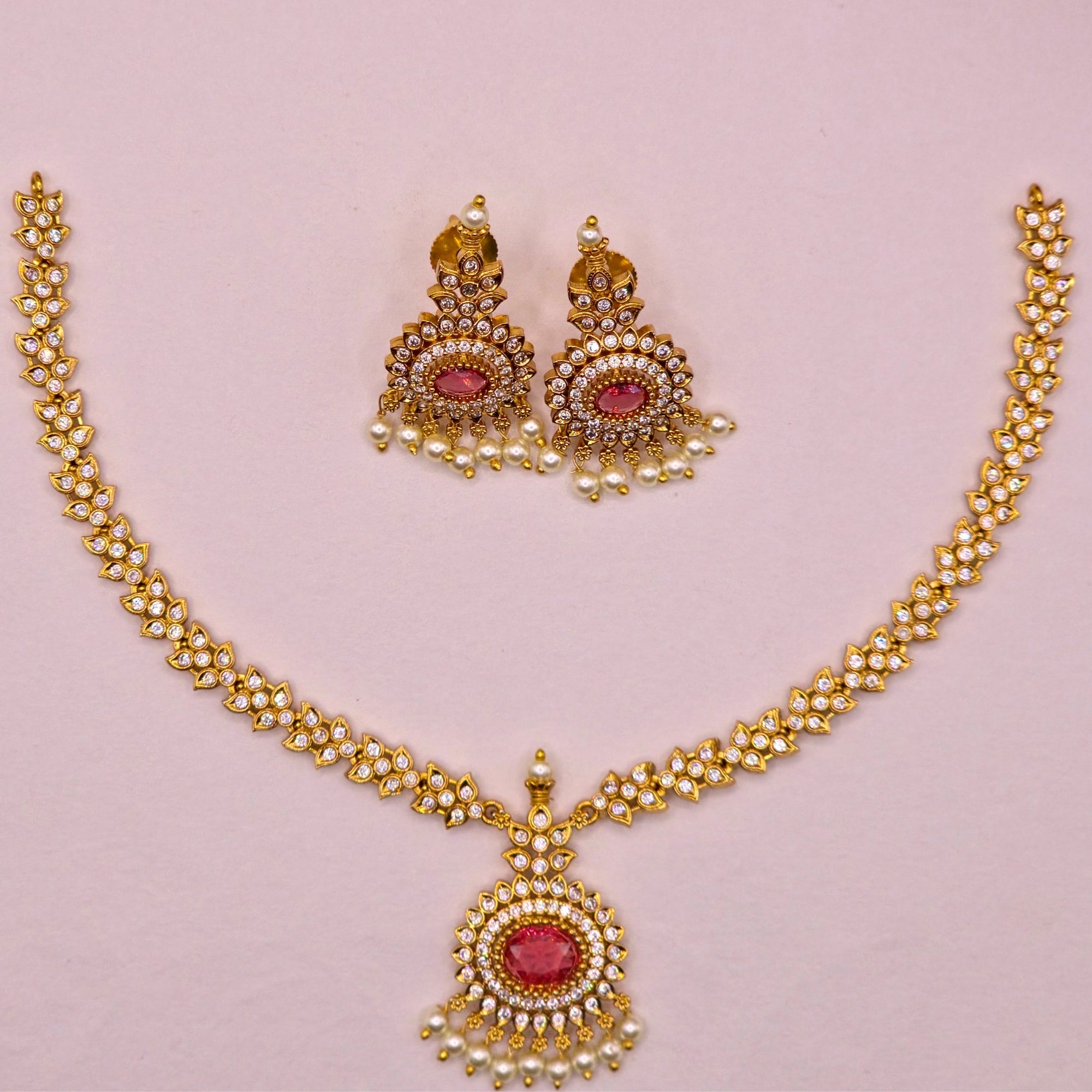 Ruby Oval CZ Pearl Necklace Set