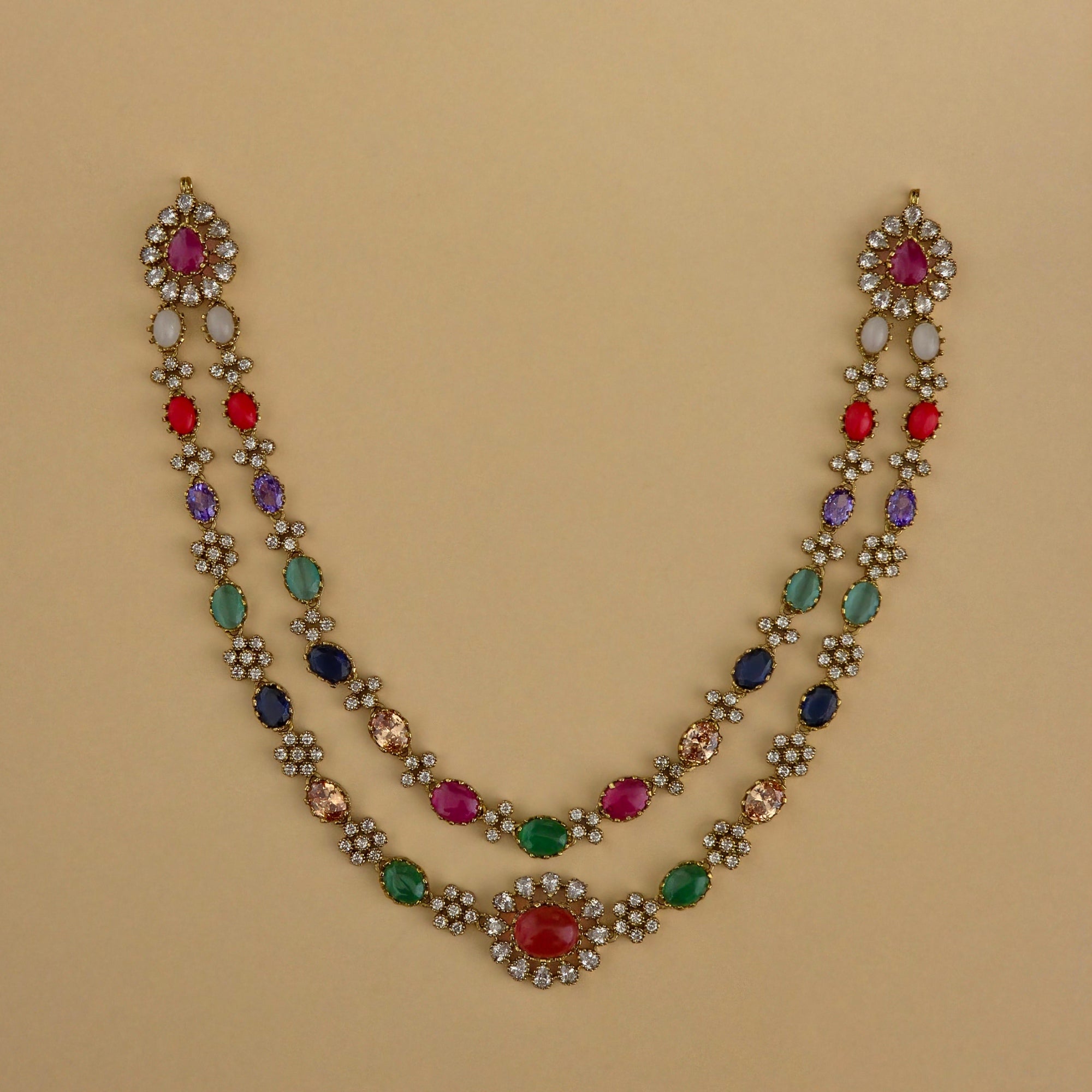 Rainbow Navaratna Victorian Double Layer Necklace Set
