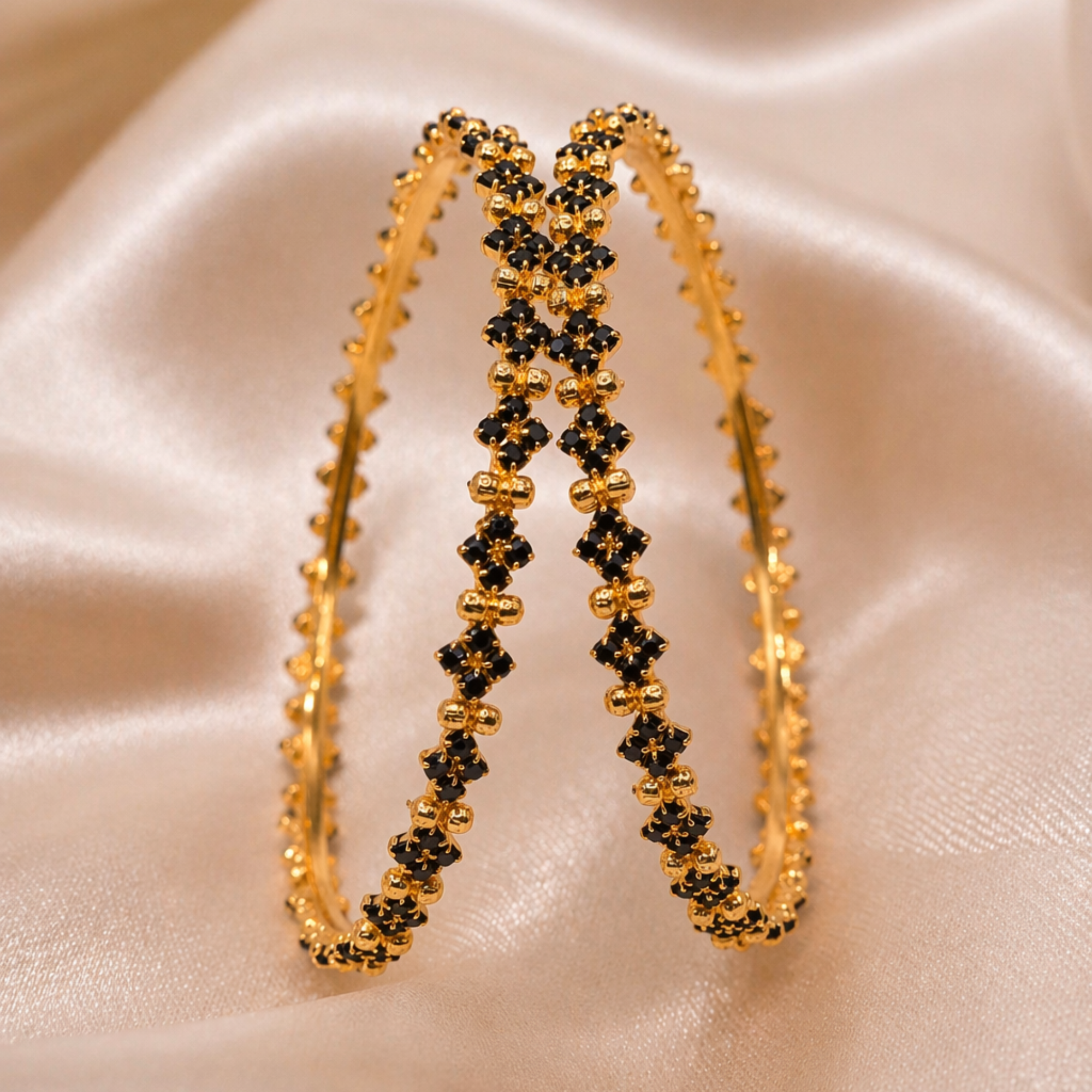 Black Stone Gold Bead Bangle Set