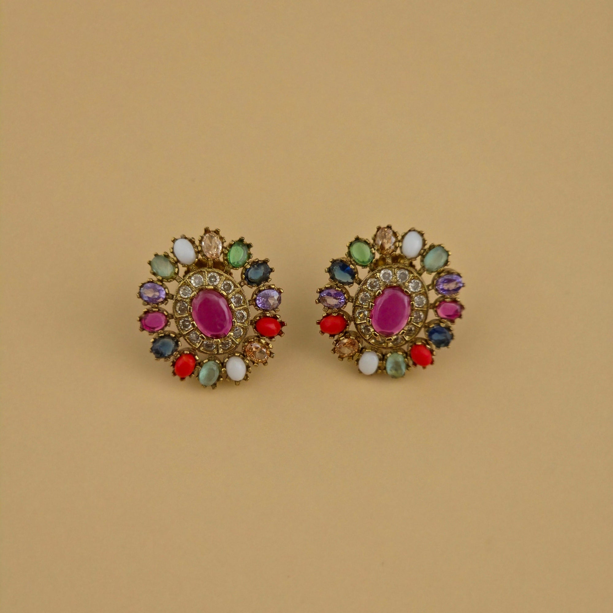 Rainbow Navaratna Victorian Double Layer Necklace Set