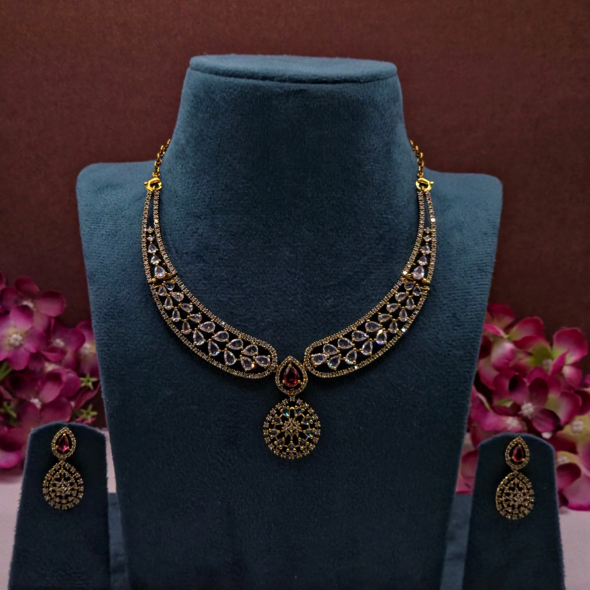 Ruby Crystal Drop Necklace Set
