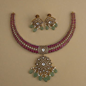 Ruby Pink Antique Victorian Hasli Set with Mint Beads