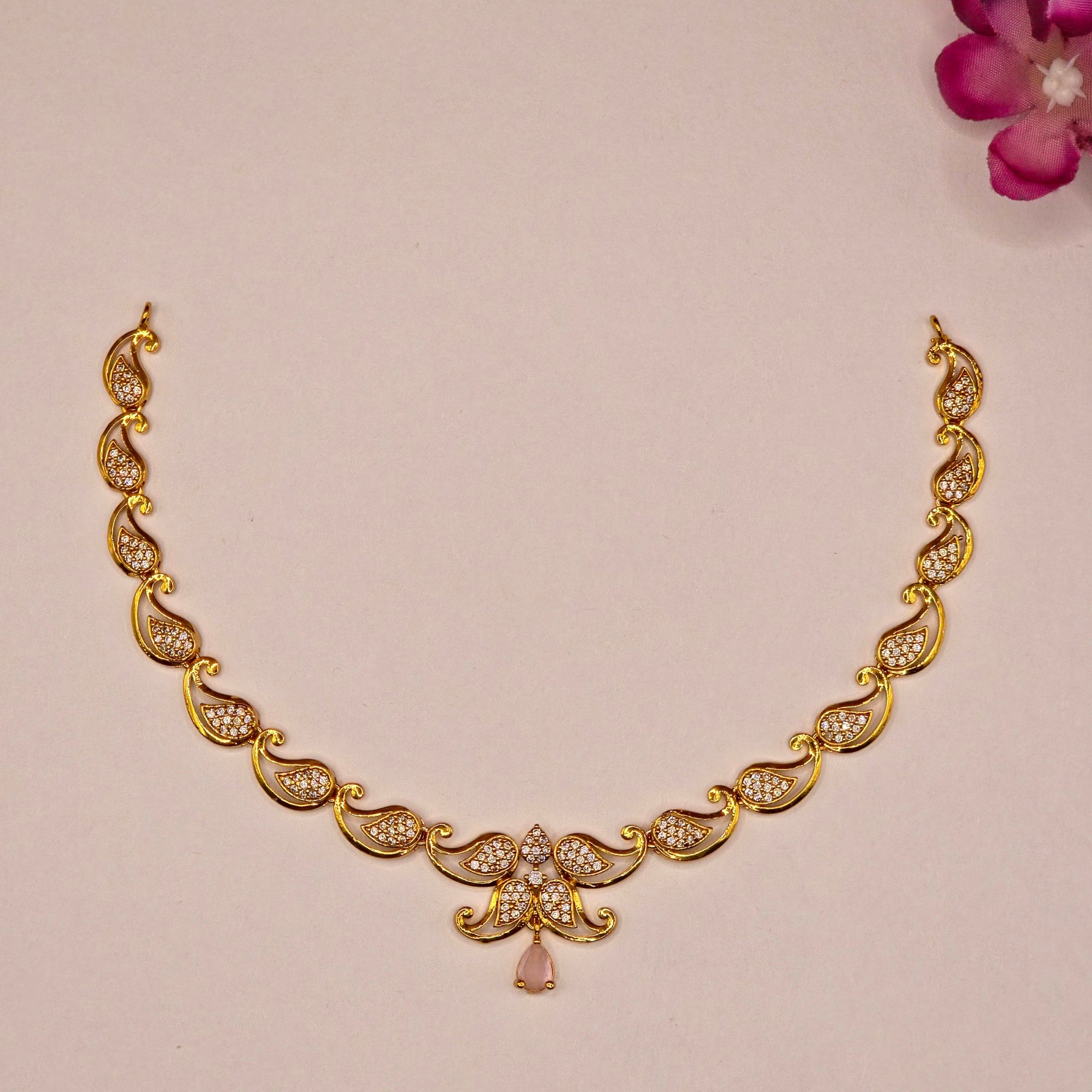 CZ Paisley Pink Stone Necklace Set