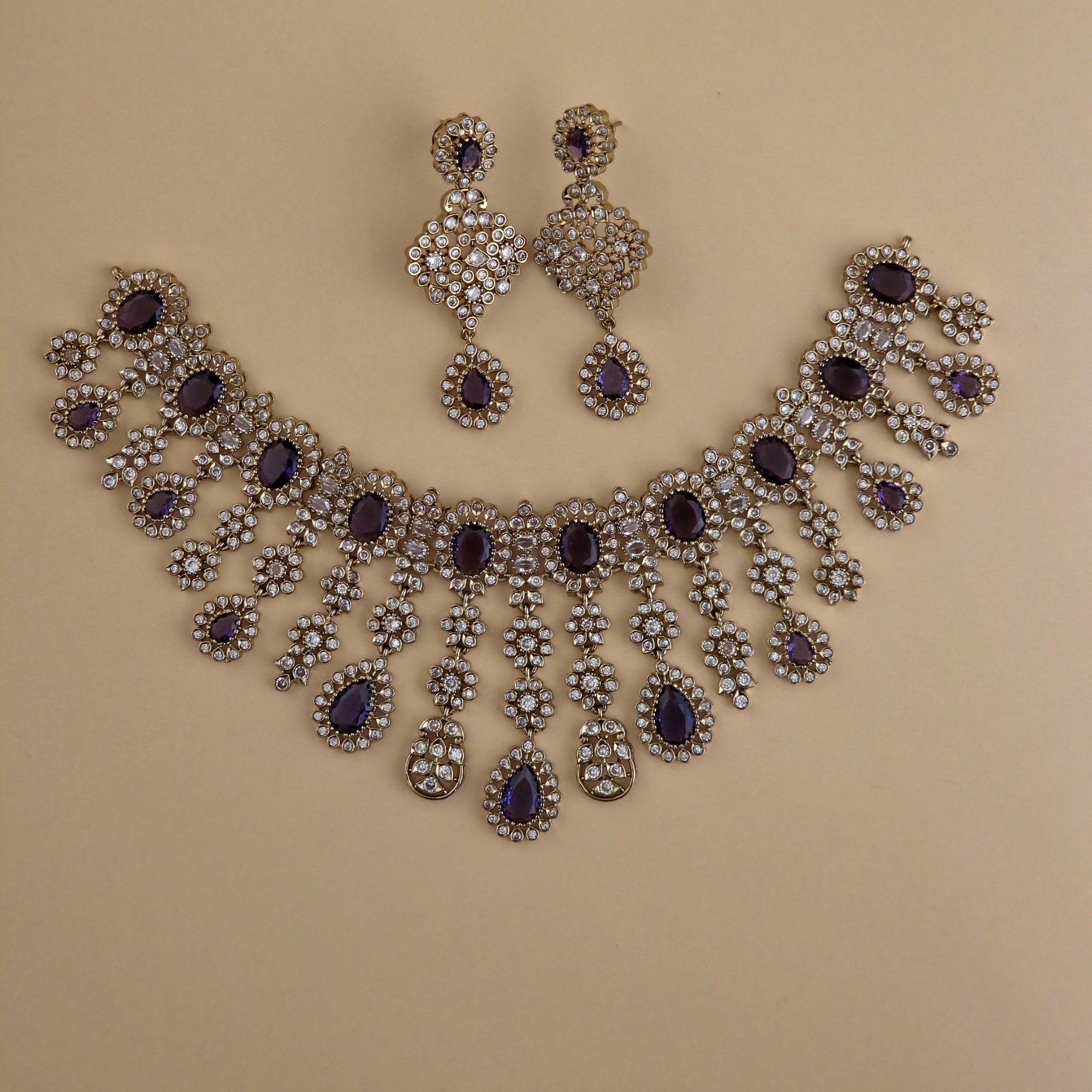 Grand Victorian 3 Layer Purple Drop Neckpiece with Earring